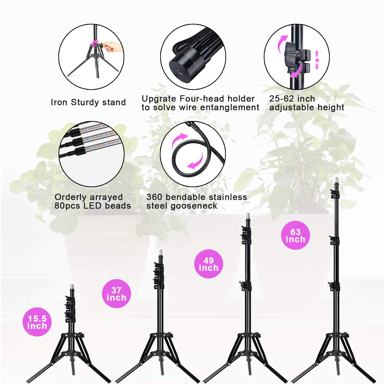 Growstar 80W Grow Light With Stand Tripod, 4 Heads Plant Light With Timer 4/8/12H, Grow Lamp Full Spectrum 360°Adjustable Gooseneck & Tripod For Indoor Plants.