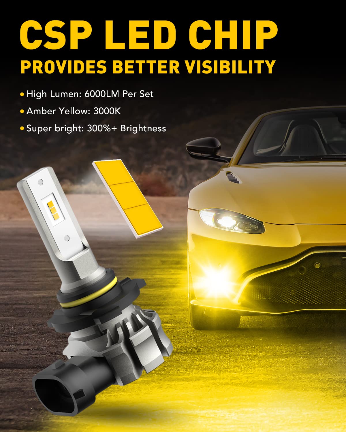 AUXITO 9145 LED Fog Light Bulbs, 6000LM, Amber Yellow, 300% Brightness, H10 9140 9045, Pack of 2
