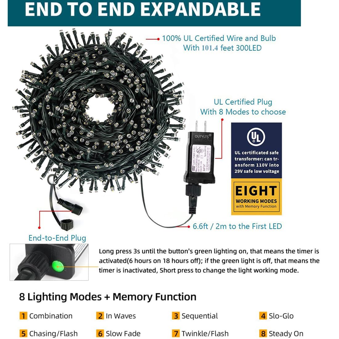OUTYLTS Christmas String Lights 300 LED Warm White 108FT IP55 Waterproof Model QL300I for Indoor/Outdoor Decoration