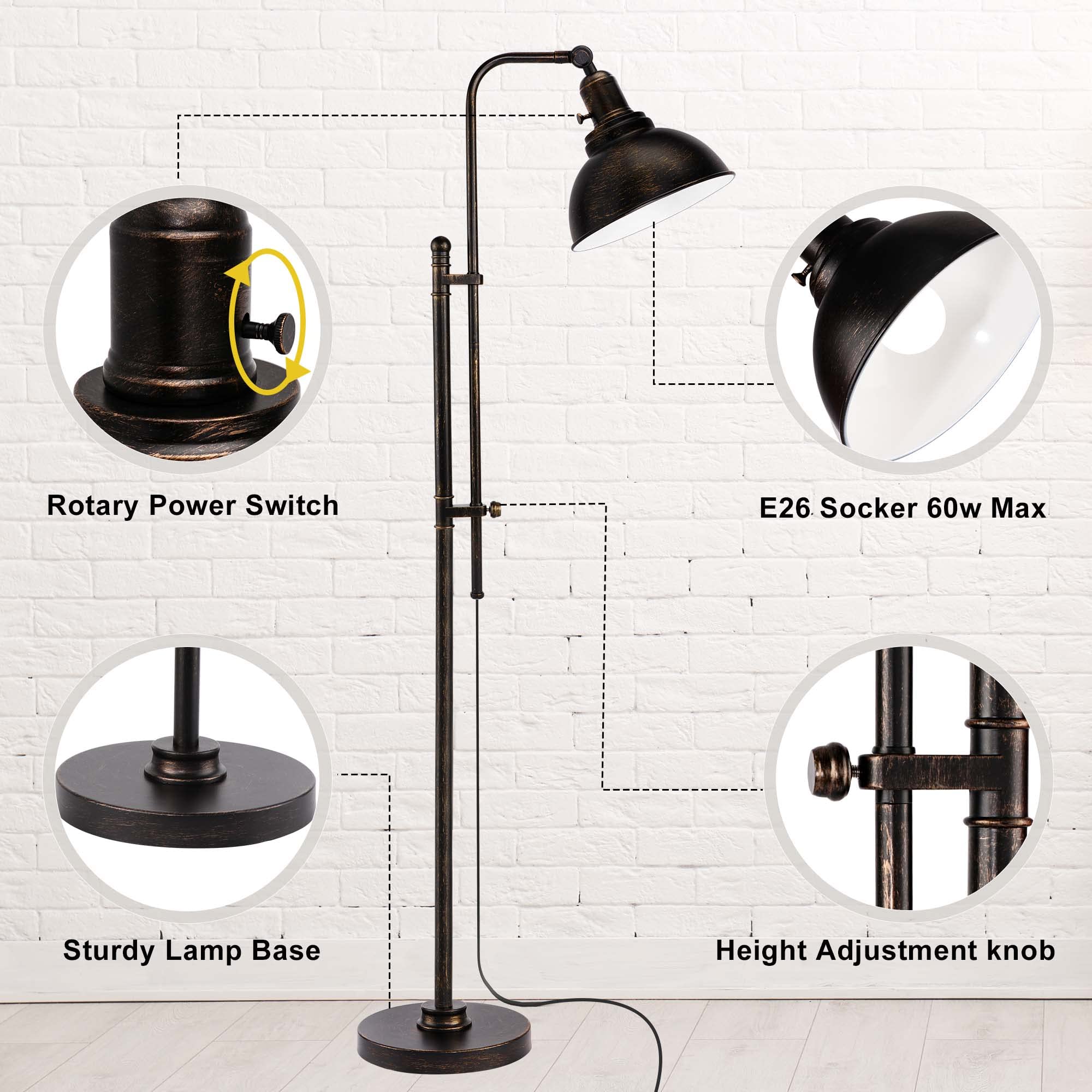Partphoner Industrial Floor Lamp - Adjustable Rustic Black Metal Shade, Remote Control, Modern Design For Living Room, Bedroom, Office