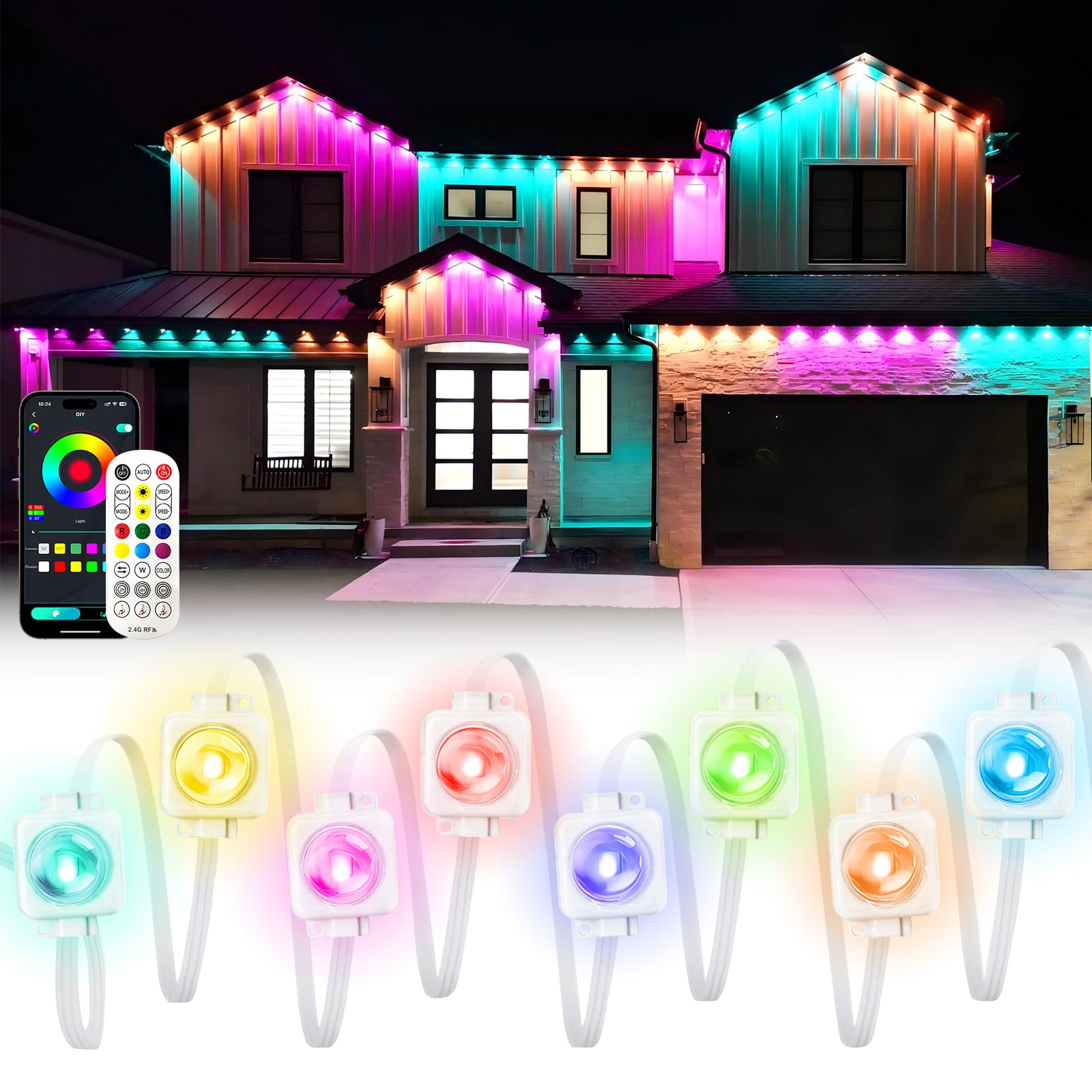 PIYOOPDR Smart RGB-IC Eave Lights, 50FT, 30LED, Waterproof, 4000K White & Multicolor, Model JG-001W-10