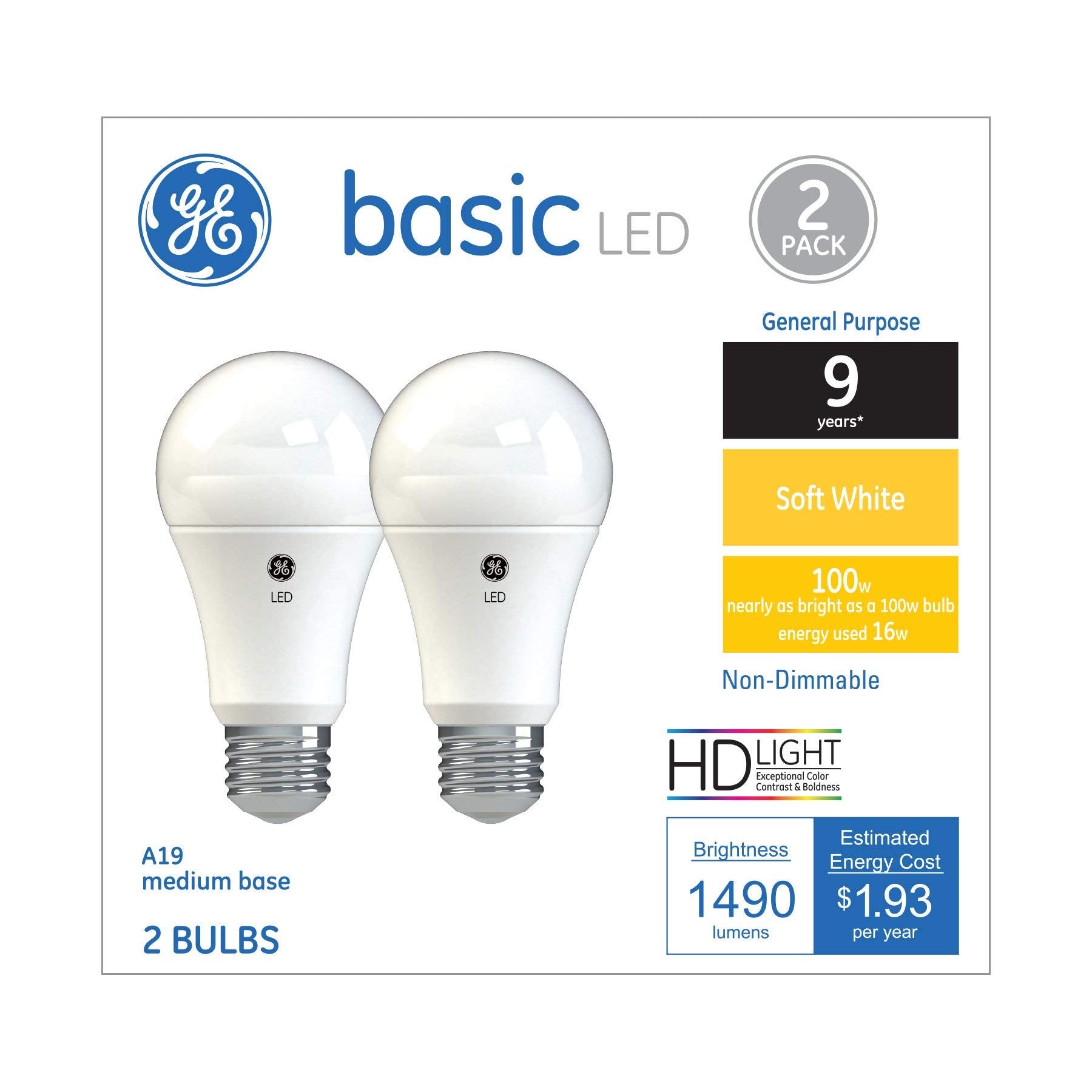GE Basic LED Light Bulbs, 100W A19 Soft White, 2 Pack, Medium Base, Plastic