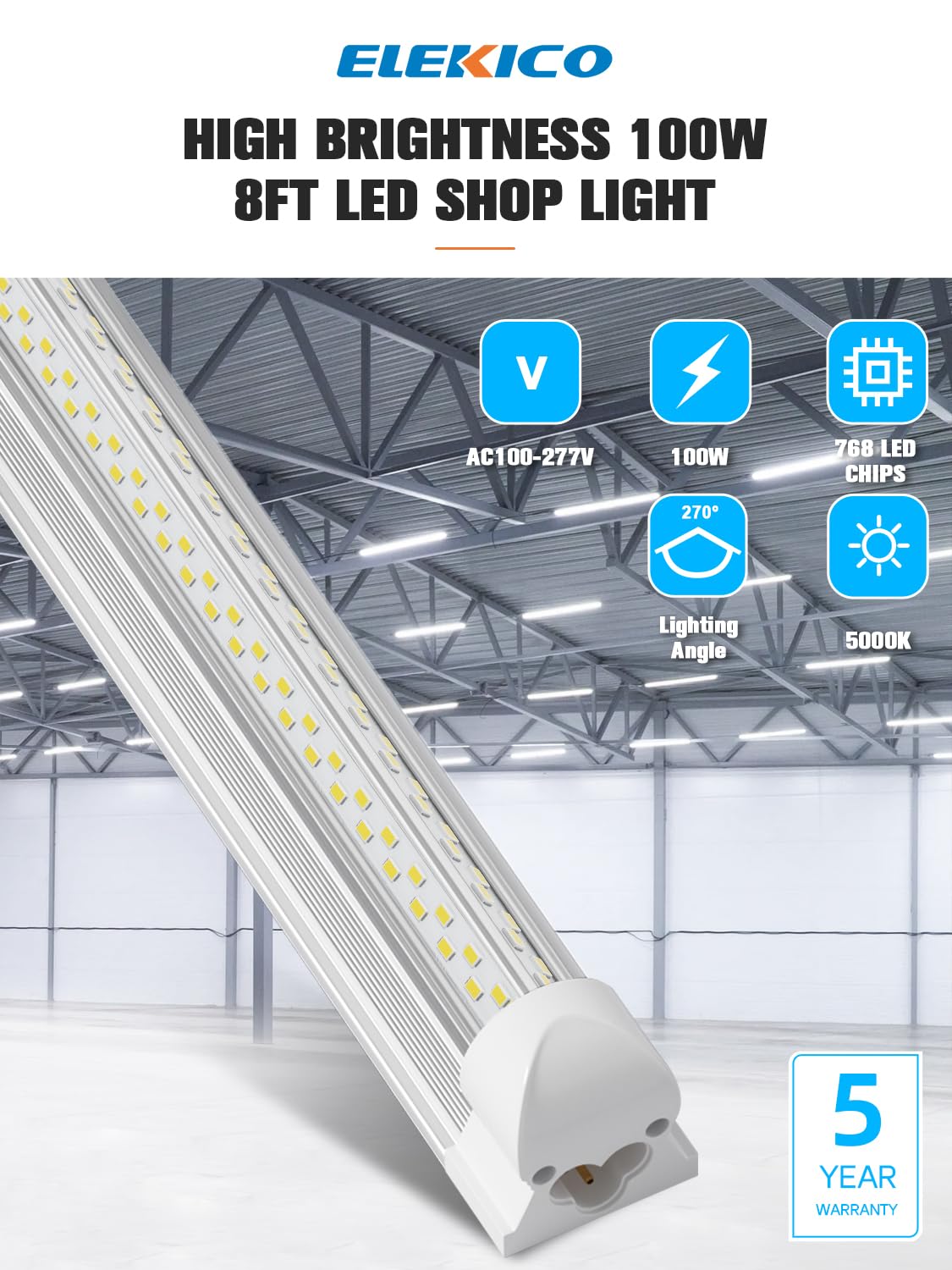 Elekico 8Ft Led Shop Light, Super Bright 100W Shop Lights, 15000Lm 5000K 8 Foot Led Lights, Linkable 96'' Led Shop Lights Lighti