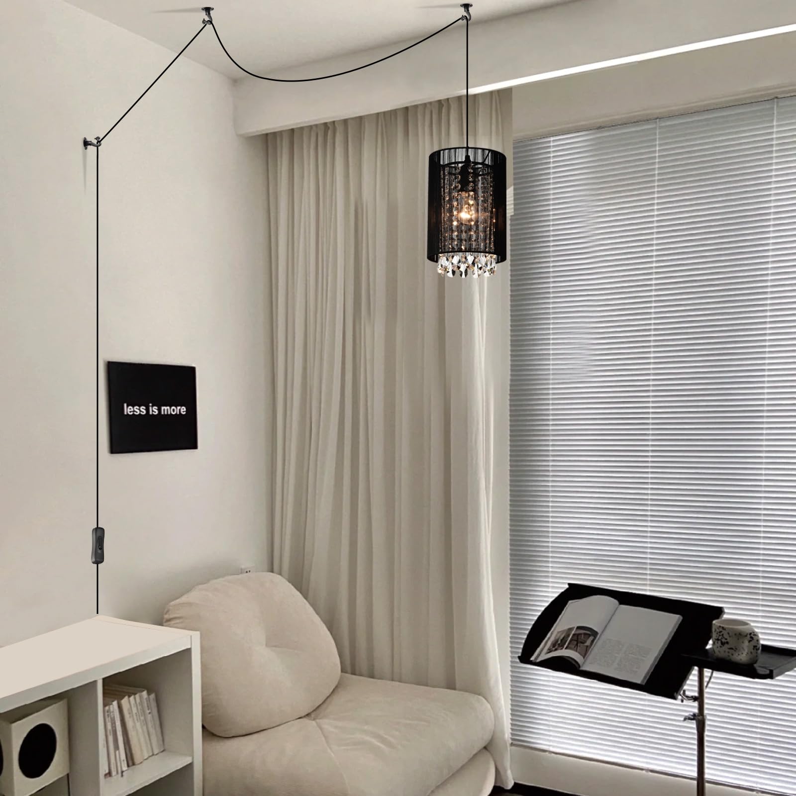 LaLuLa Hanging Lamp, Black Cotton Chandelier, 1-Light Pendant Light, 7in Size, Model P17168PK-P