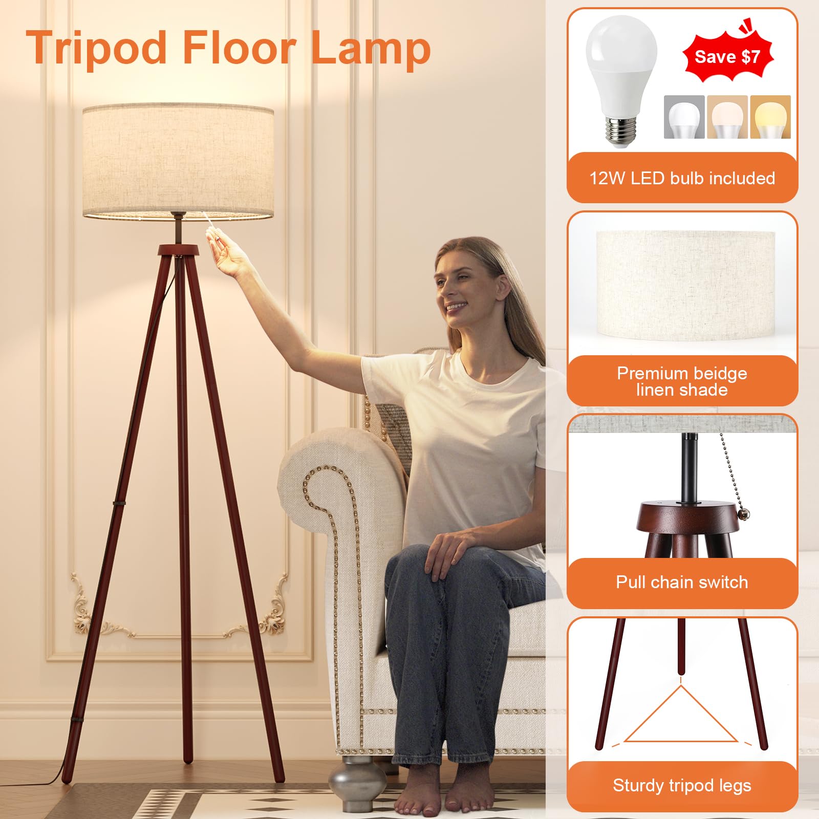Litehistory Wood Tripod Floor Lamps For Bedroom, Living Room, And Office,Corner Lamp With Beige Linen Shade, 12W Three-Color Bul