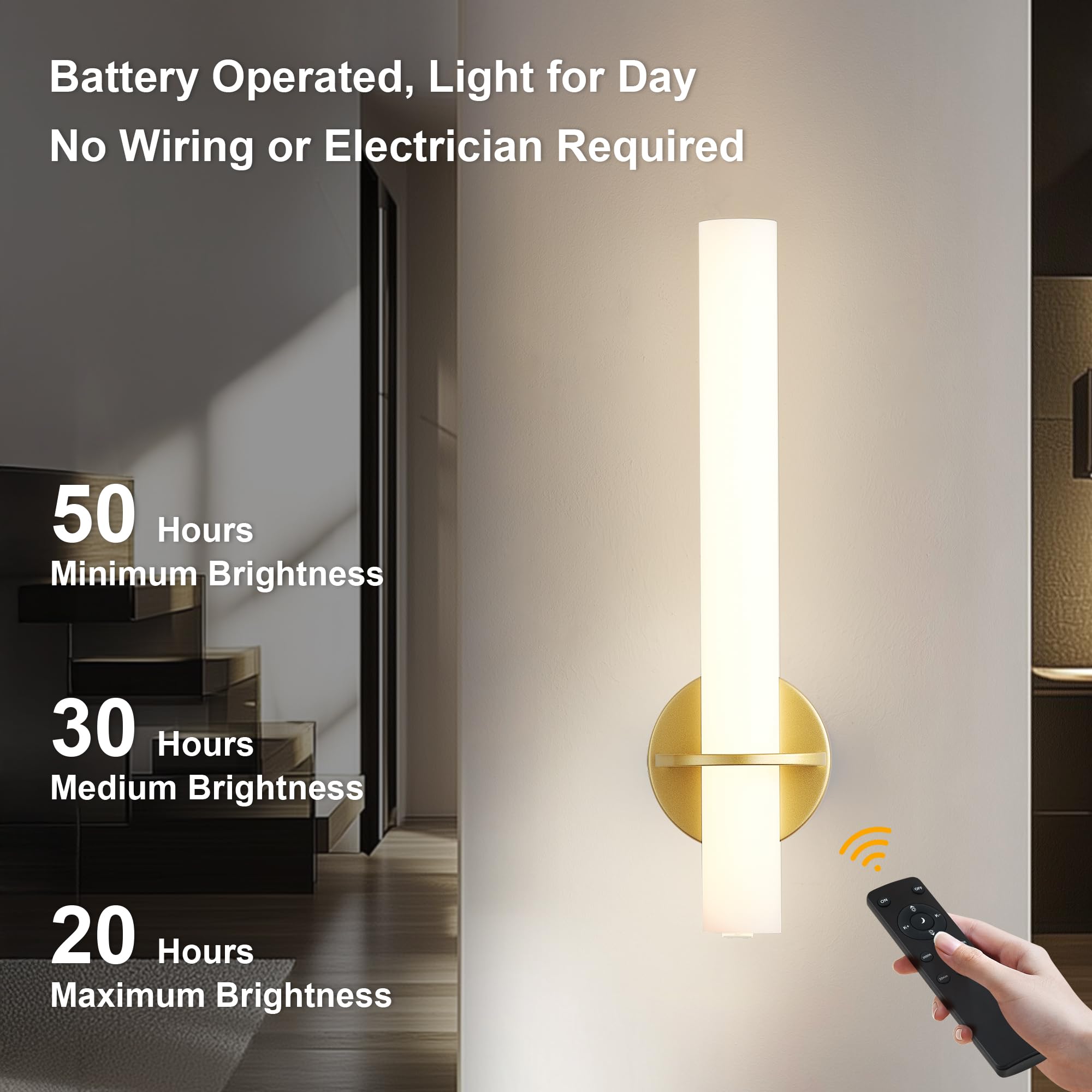 KARTOOSH Gold Battery Operated Sconce Set of 2, 18 Inch Dimmable Wireless Wall Lights with Remote Control, 3000K-6000K