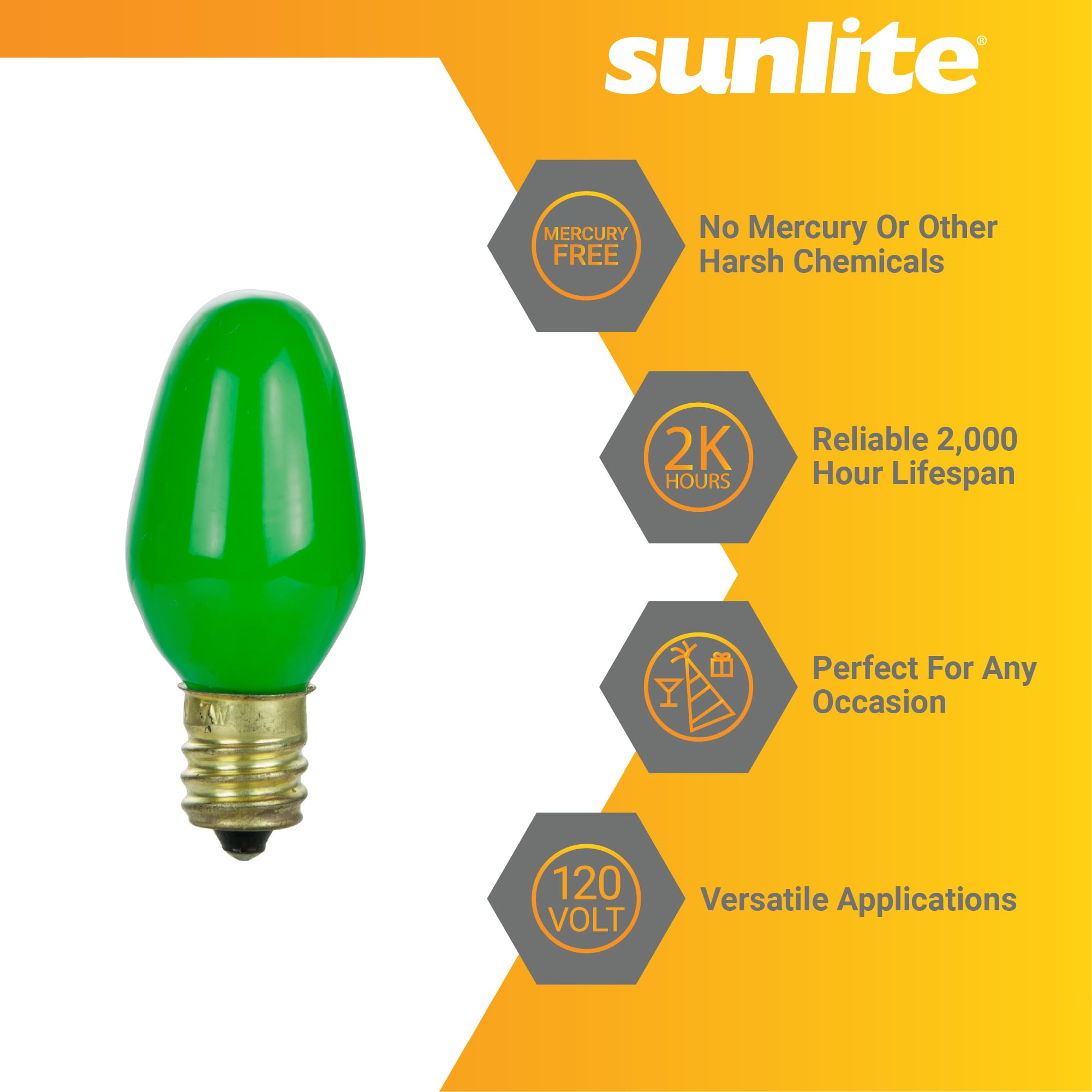 Sunlite 01260 7C7 Incandescent Bulb, 7 Watt, Candelabra E12 Base, C7 Small Night Light, Colored Bulb, Green, 25 Count