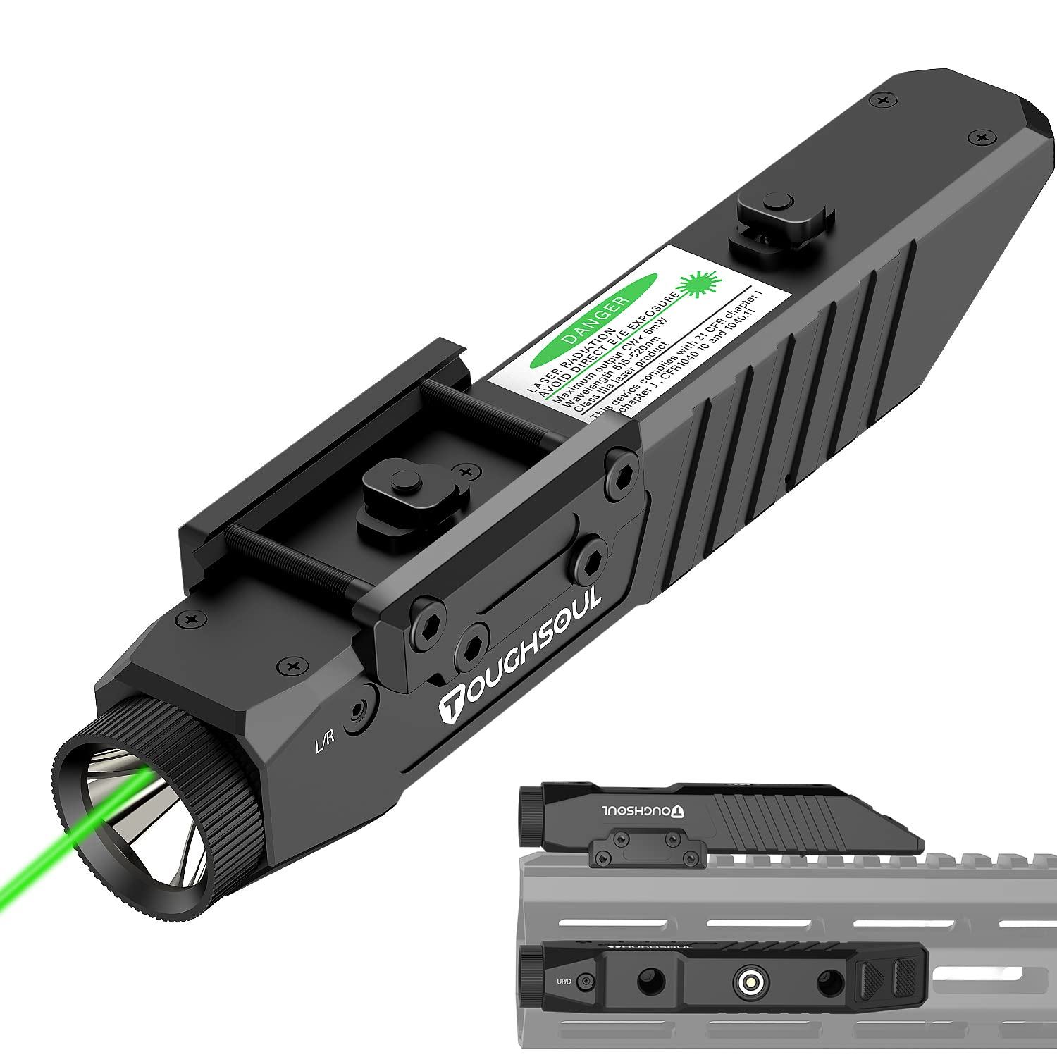TOUGHSOUL Tactical Flashlight Green Red Laser Sight Combo  1450 Lumen Picatinny Rail MLOK Mounted Rechargeable Sporting Equipment Flashlight (Green Laser)