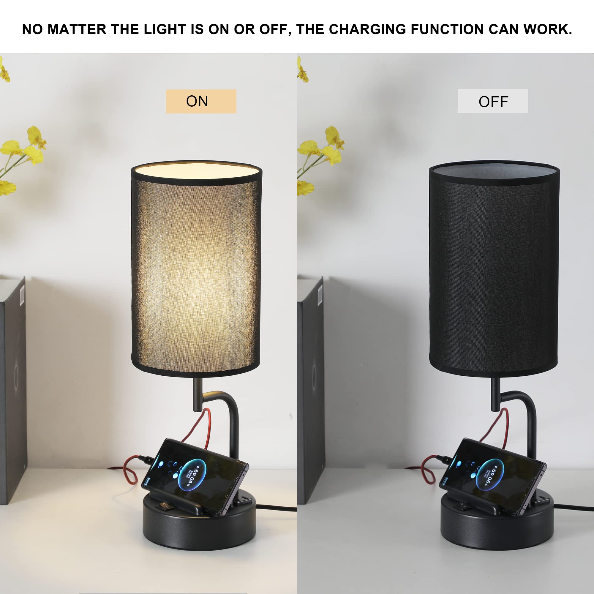 Dreamholder Table Lamp with 3 USB Ports, AC Outlet, Phone Stands, 2-Pack, Black