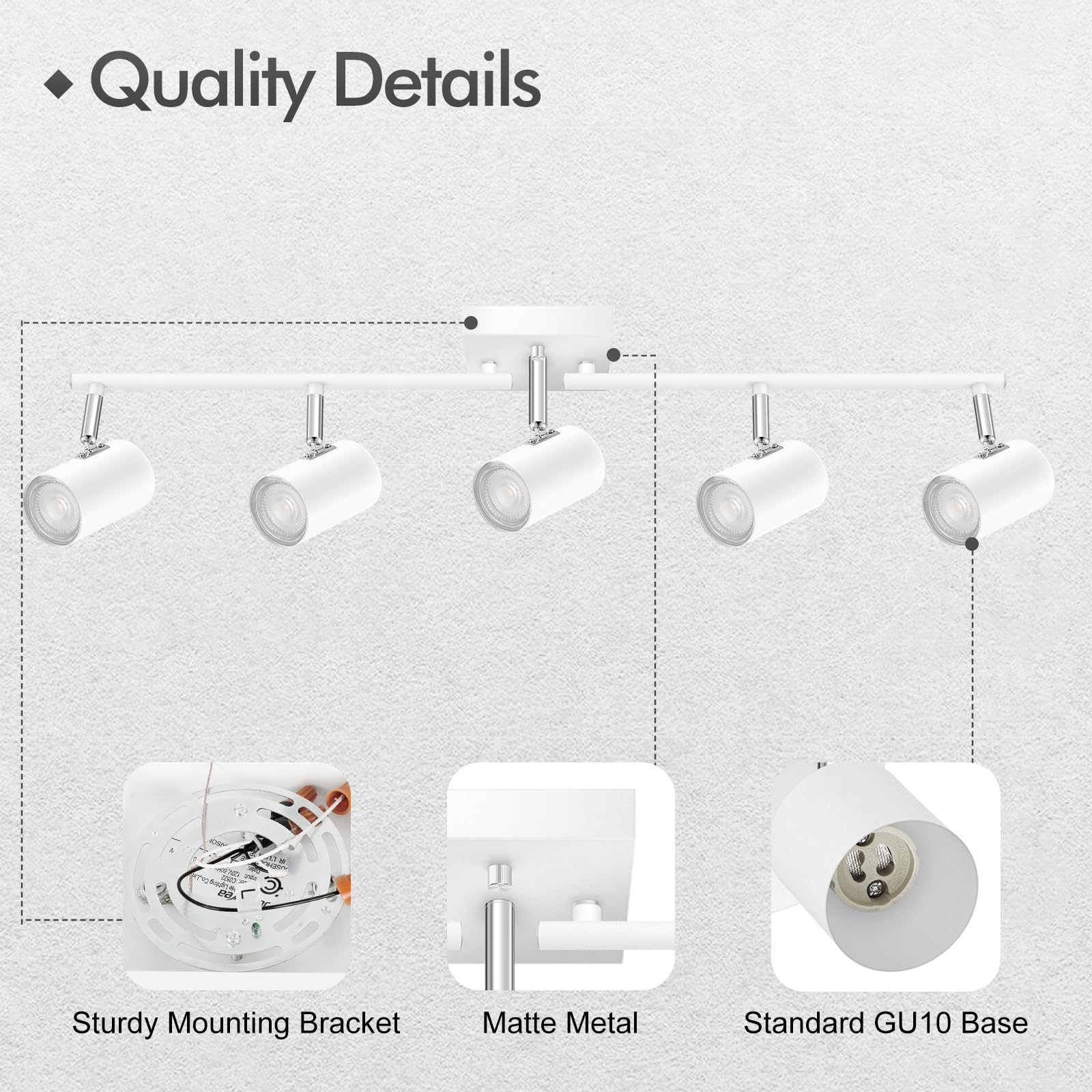 Auquee 5 Light Track Lighting Fixtures Ceiling, Matte White Kichen Track Lighting, Rotatable Light Heads, Adjustable Modern Led