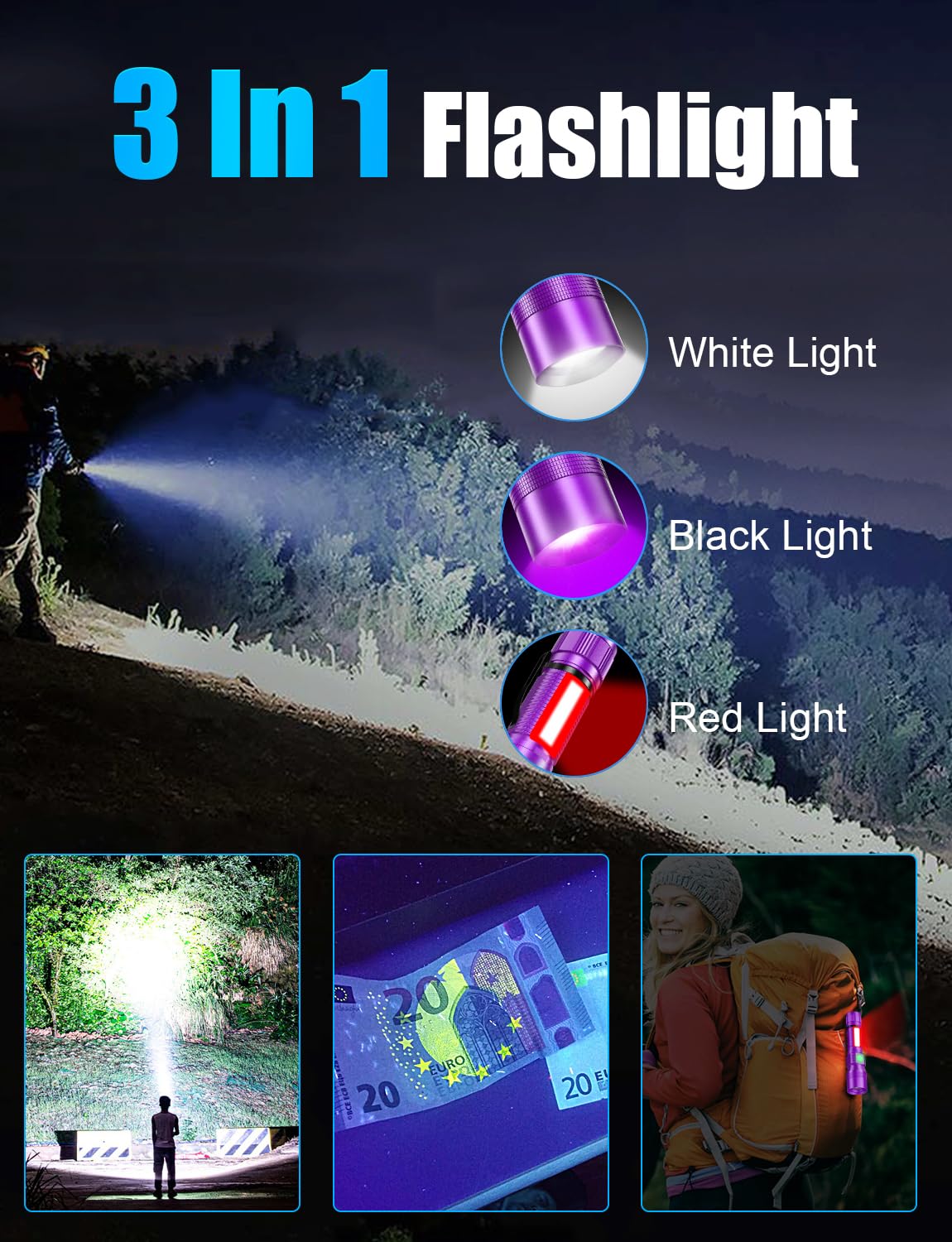Vnina UV Rechargeable Flashlight 1000 Lumens 3-in-1 LED 5.71 IN 2 Pack Black/Purple