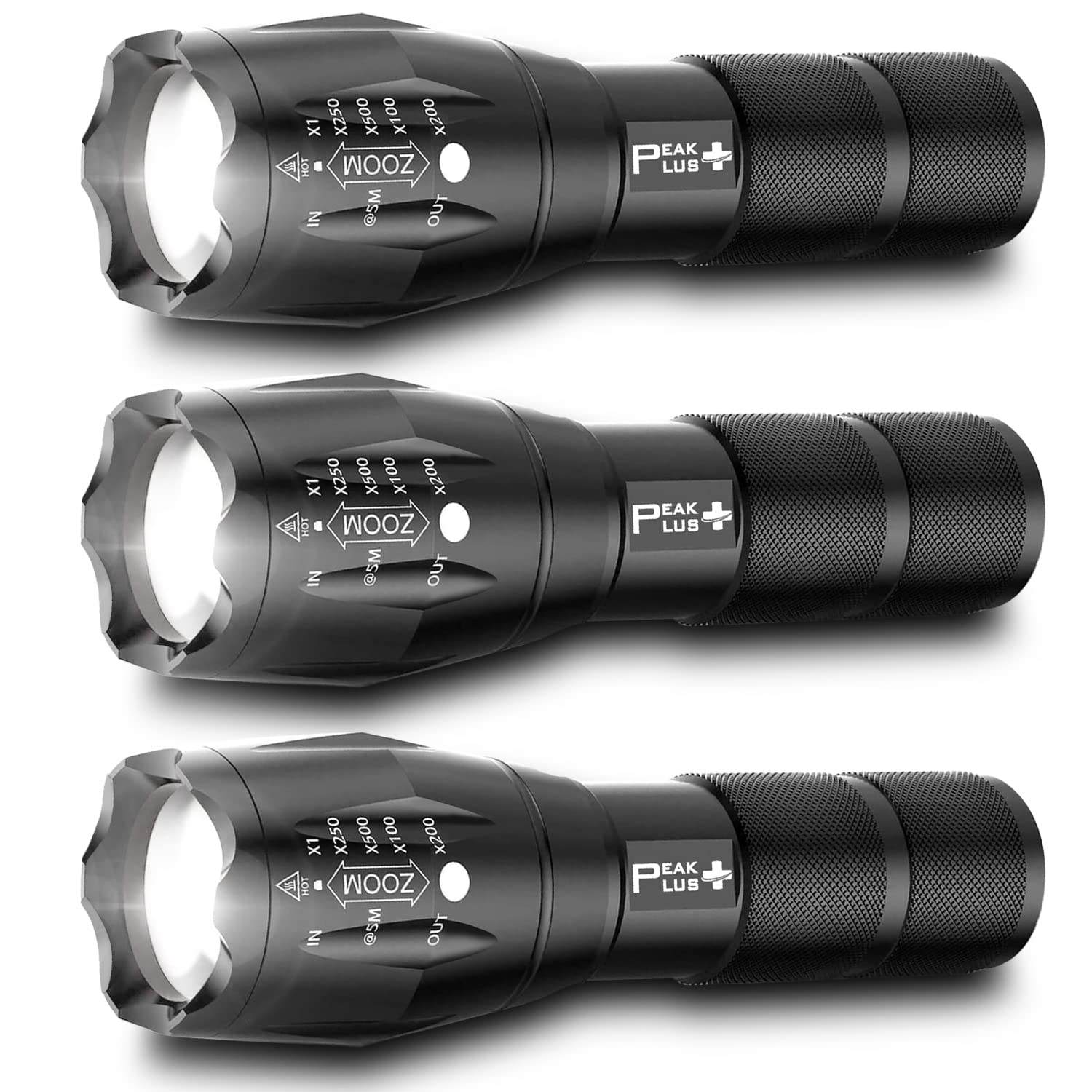 PeakPlus LED Tactical Flashlights, 5 Modes, Zoomable, Aluminum, 3 Pack, Black, Model PPLFX10503P