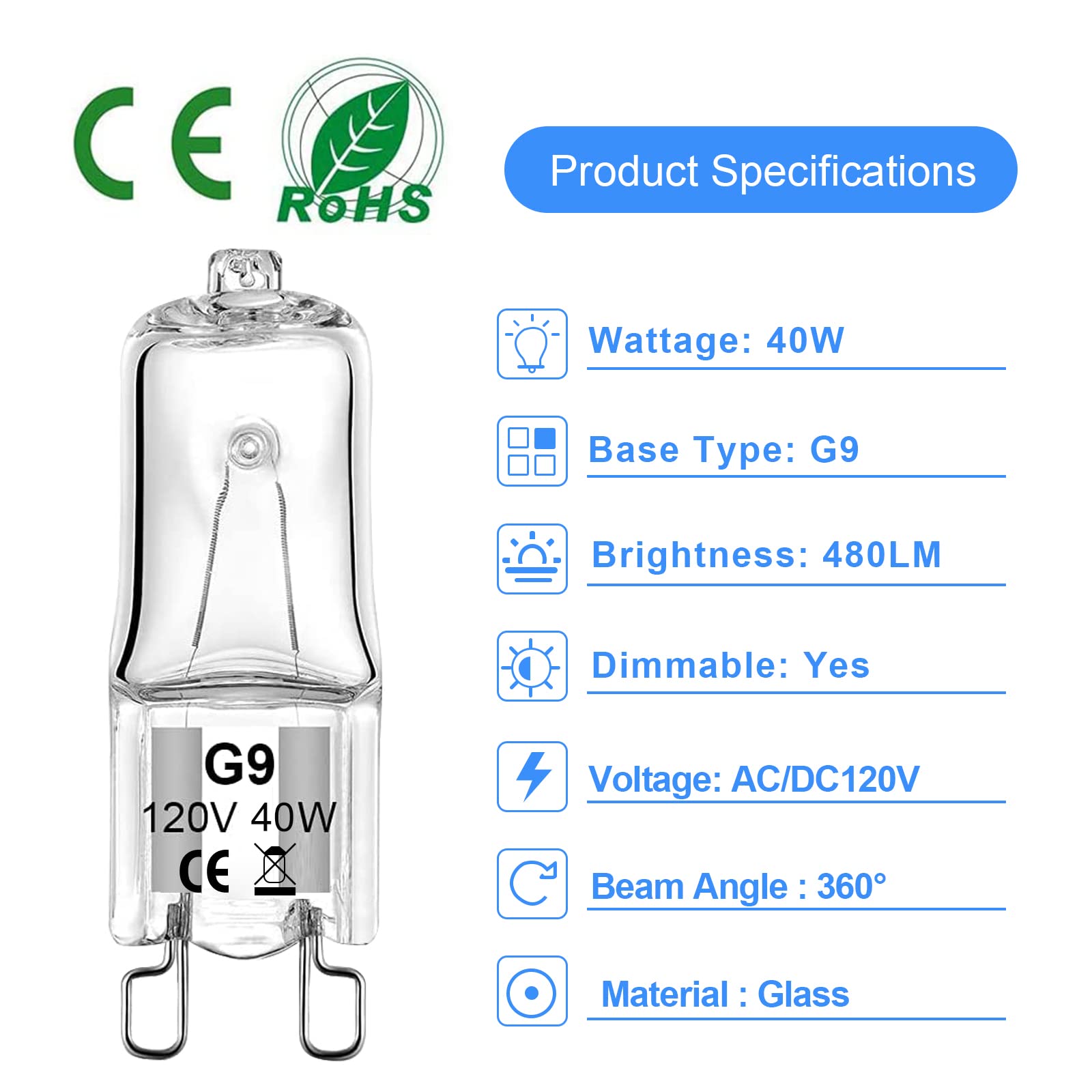 WeshLMPO G9 Halogen Light Bulbs 40W Dimmable Warm White 12 Count Glass