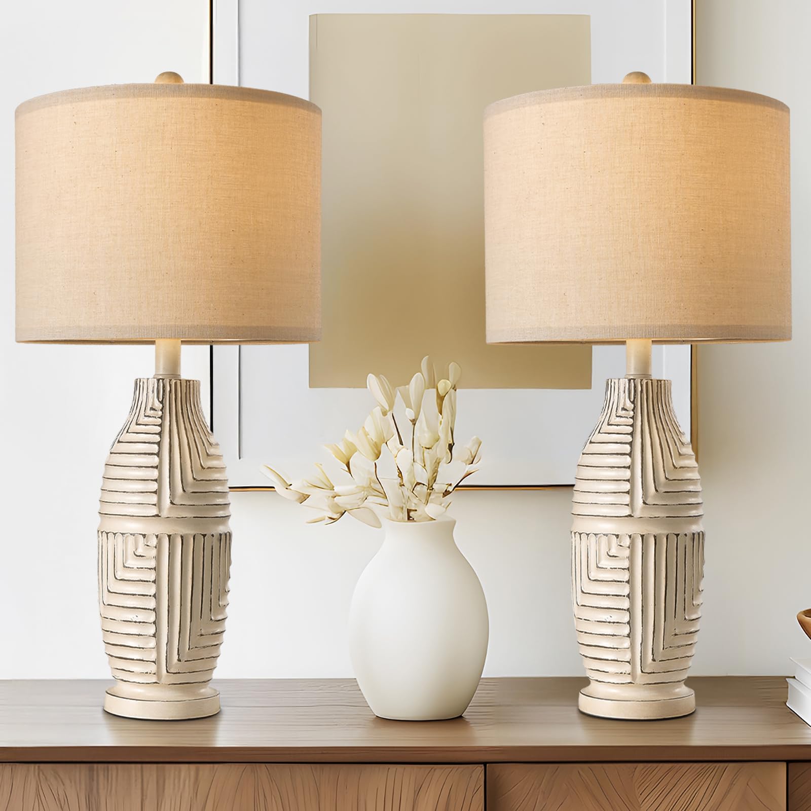 Bobomomo 25'' Farmhouse Table Lamp Set Of 2 Vintage Rustic Lamps For Living Room, Resin Bedside Nightstand Lamps With Linen Lamp