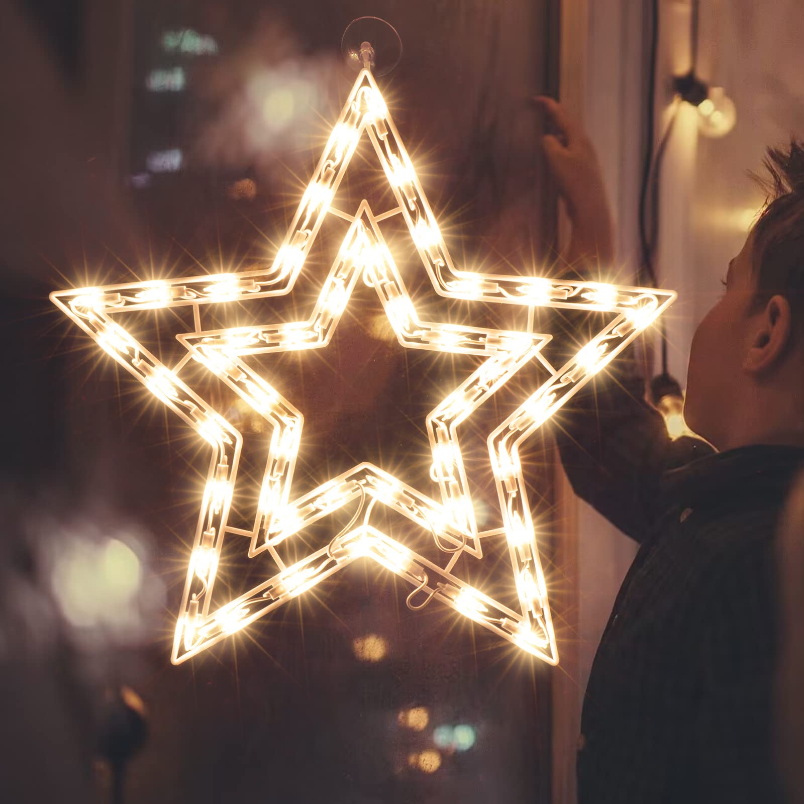 JUSTPRO Christmas Window Silhouette Lights, 50 Count Incandescent Mini Light, Double Sided Star Decor, 1-Pack, Copper