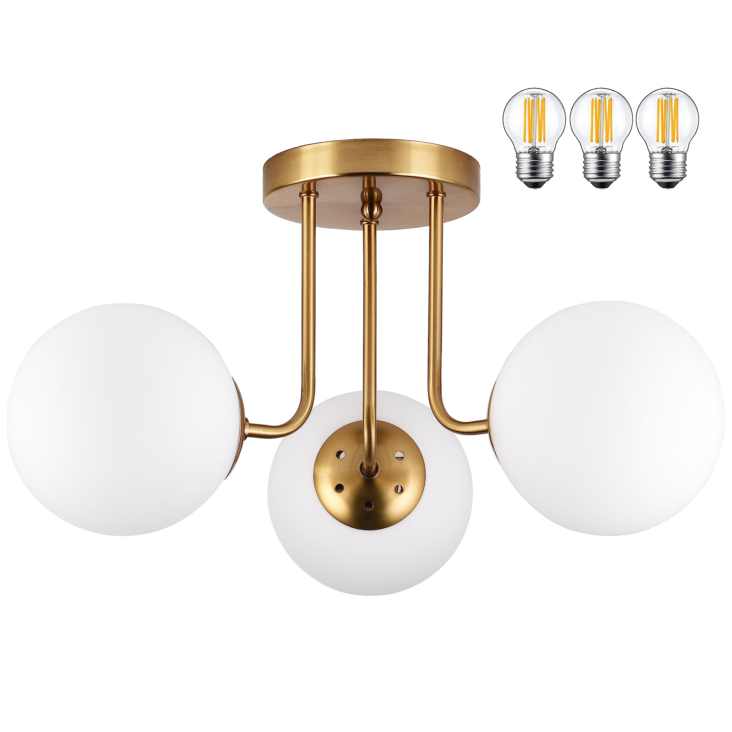 KoKo&Yukina 3-Light Semi Flush Mount Ceiling Light Globe Ceiling Light Mid Century Ceiling Light with Opal Milk Glass Globe & Br