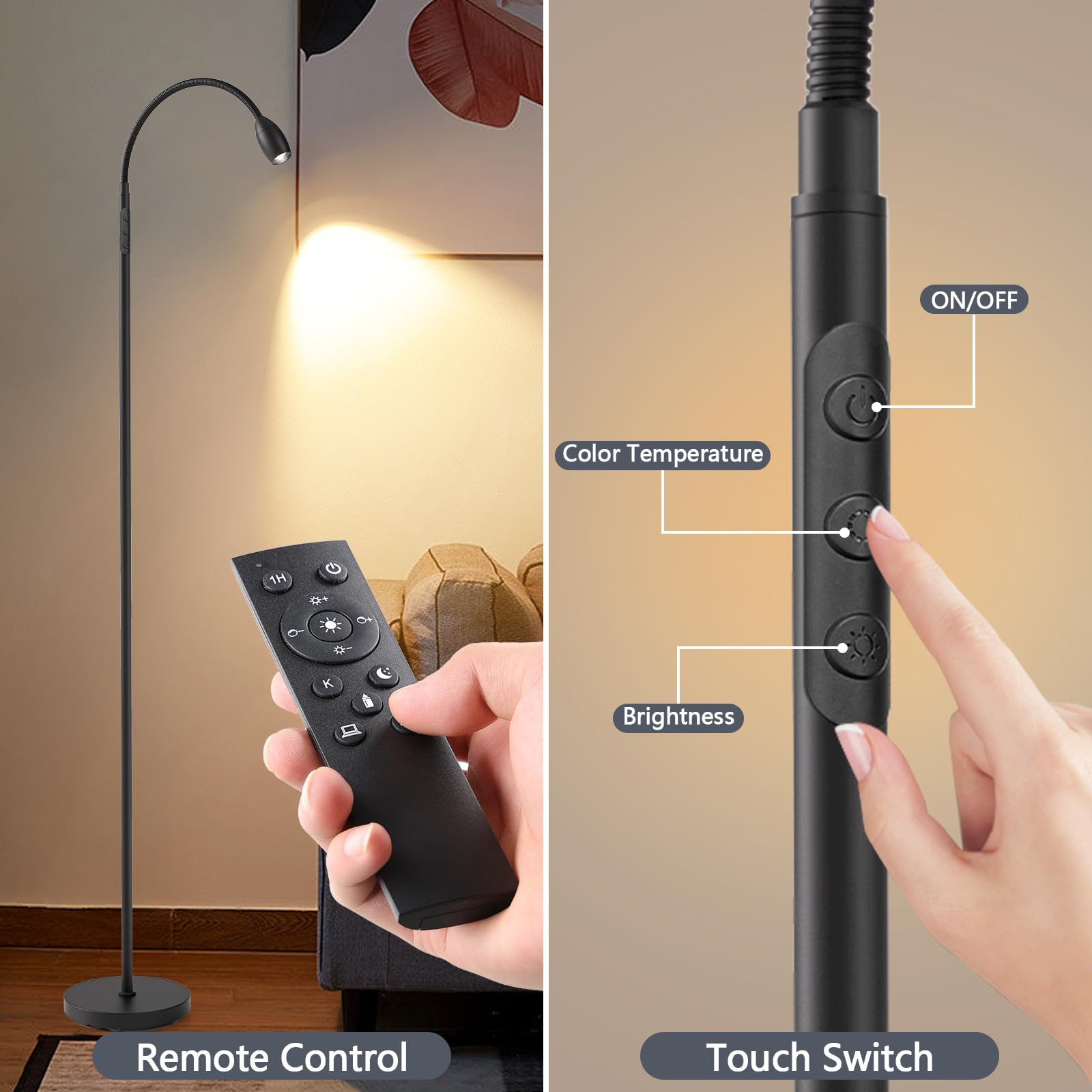 Reading Floor Lamp, 72&quot; Tall Led Lamp With Flexible Gooseneck, Dimmable Zoomable Spotlight, Adjustable Color Beam Standing Lamp, Touch & Remote Control, Task Craft Bedroom Living Room, Matte Black