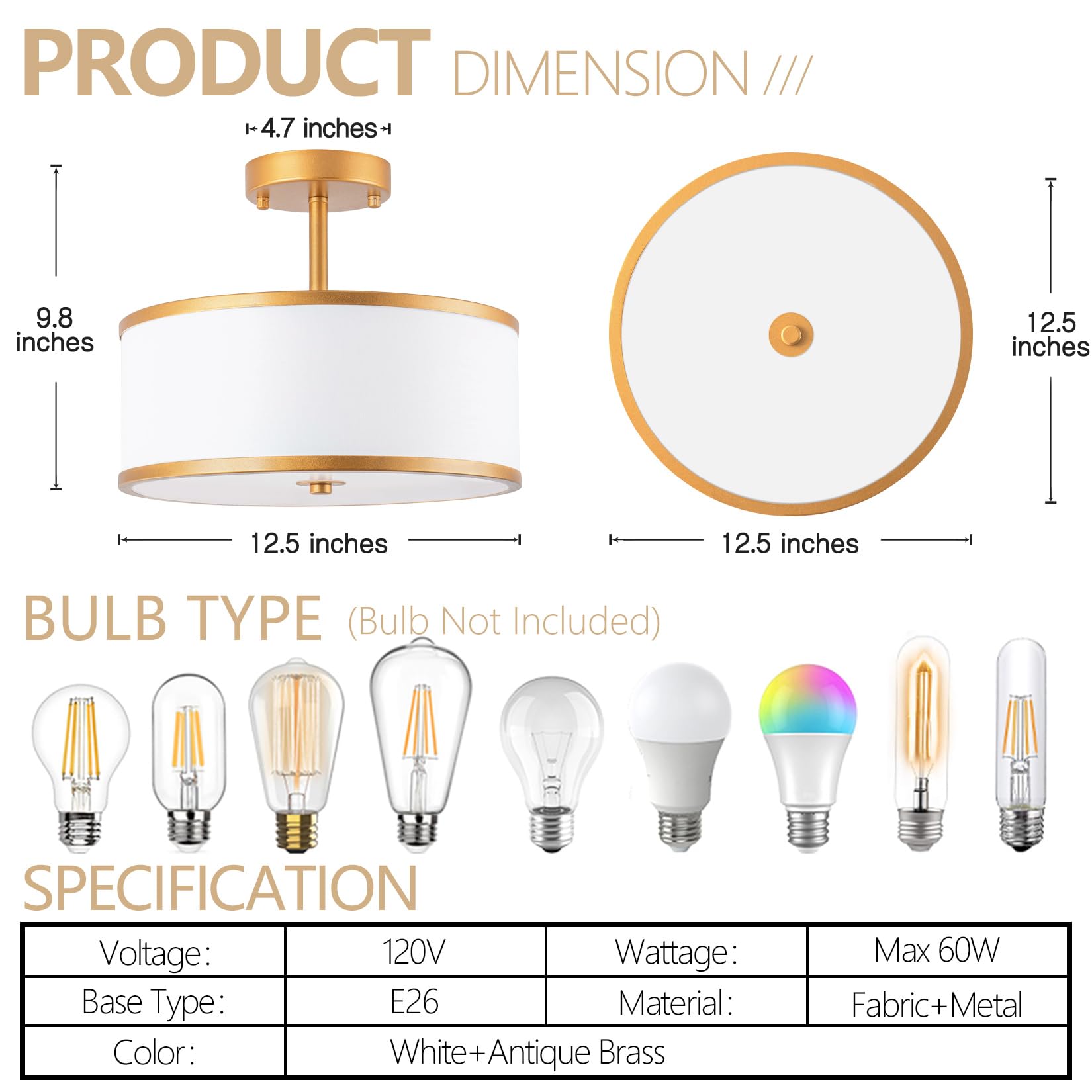 Bargeni Semi Flush Mount Ceiling Light,12.5 Inch Drum Ceiling Light,Antique Brass Finish Flush Mount Light Fixture With Fabric S
