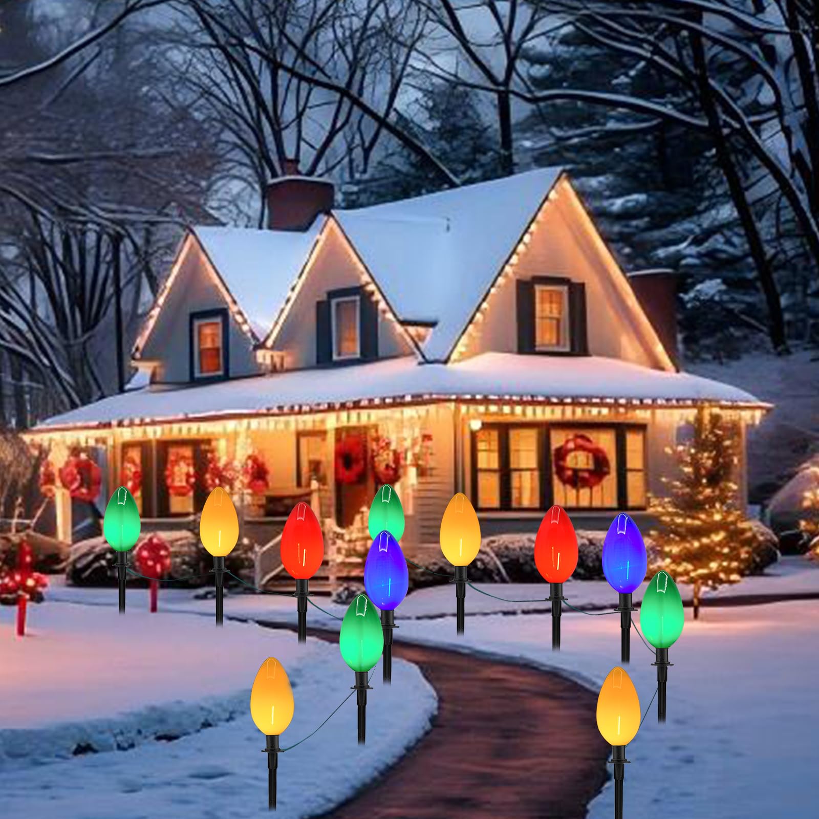 Egcol Jumbo C9 Christmas Pathway Lights Outdoor, 2 Pack 7Ft C9 Christmas Walkway Lights With 4 Led Jumbo Multicolor Bulbs, Chris