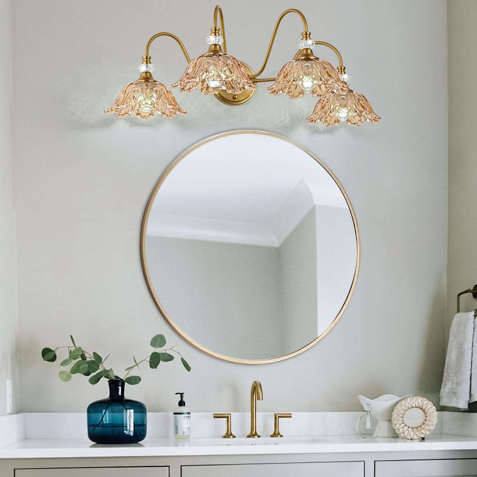 Sunkryster Vintage Bathroom Vanity Light  4-Light Matte Brass Finish Vanity Light With Floral Amber Glass Shades  Retro Wall Mount Lighting For Bathroom  Dressing Table
