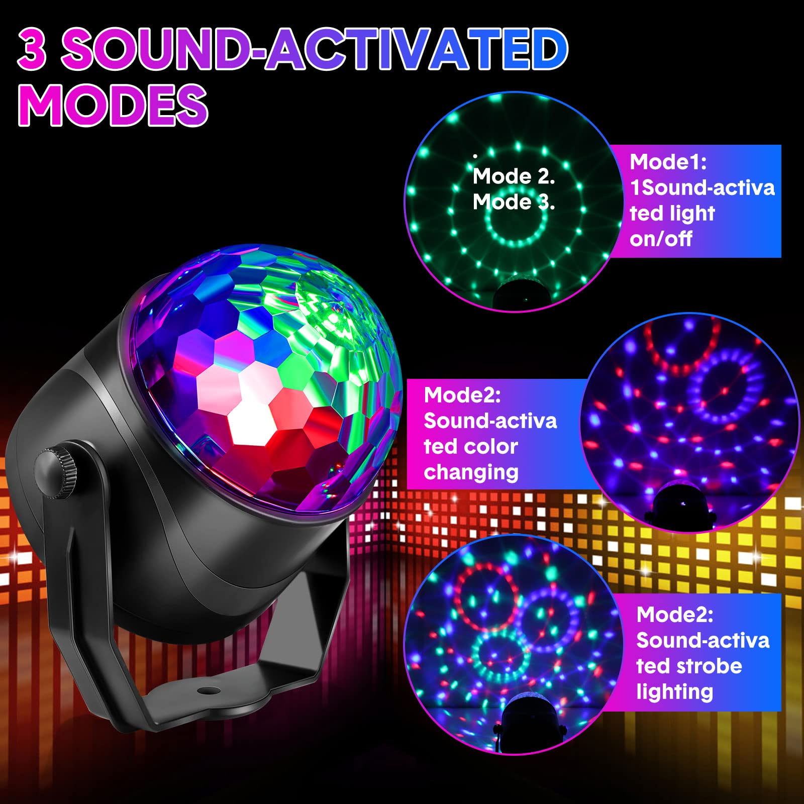 Hortsun 6 Pack Disco Ball Party Lights RGB DJ Strobe Light Lamp, Sound Activated, Remote Control, Multicolored, Model Hortsun-001