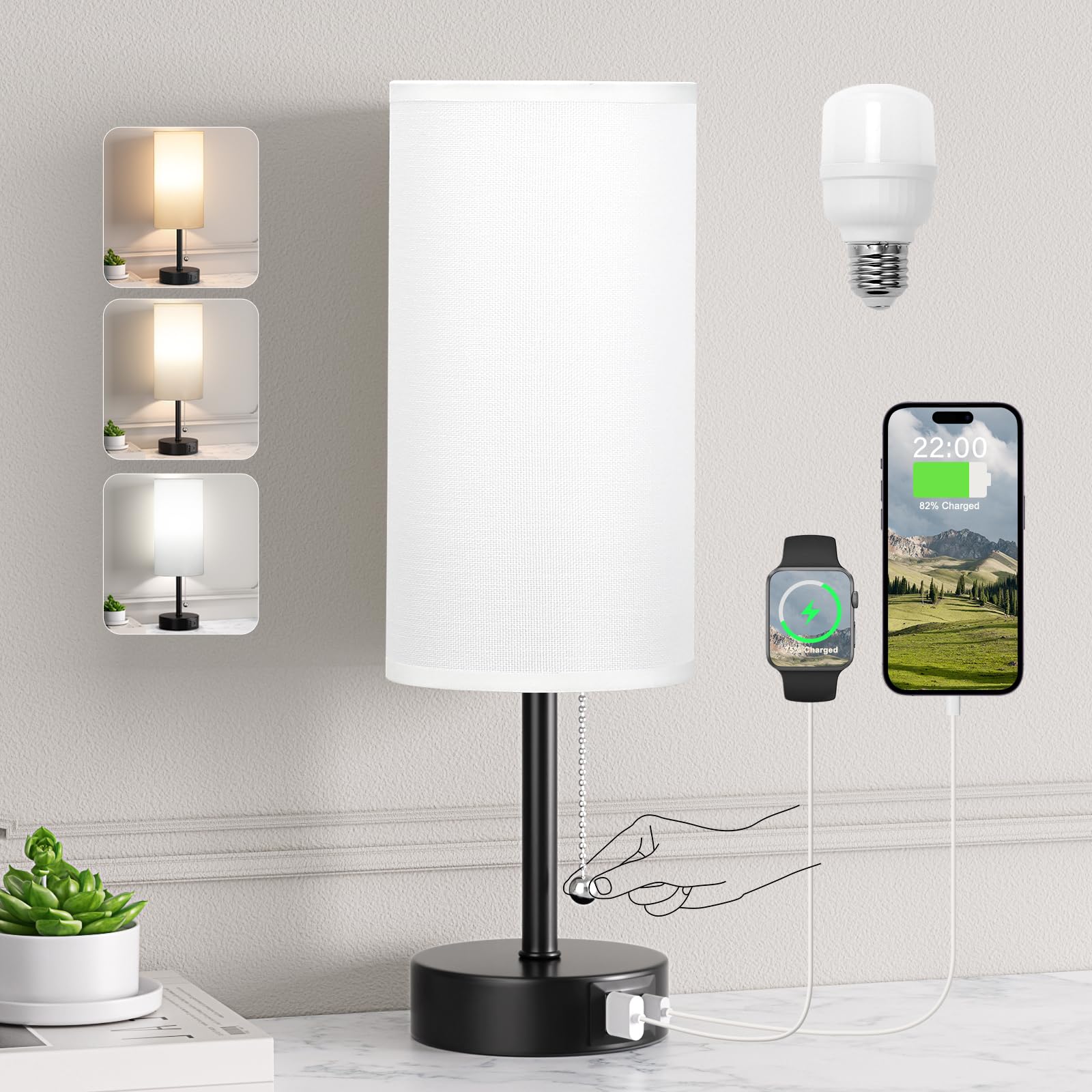 White Table Bedside Lamp for Bedroom Nightstand - Small Lamp with USB A + C Charging Port, 3 Color Temperatures Pull Chain Night