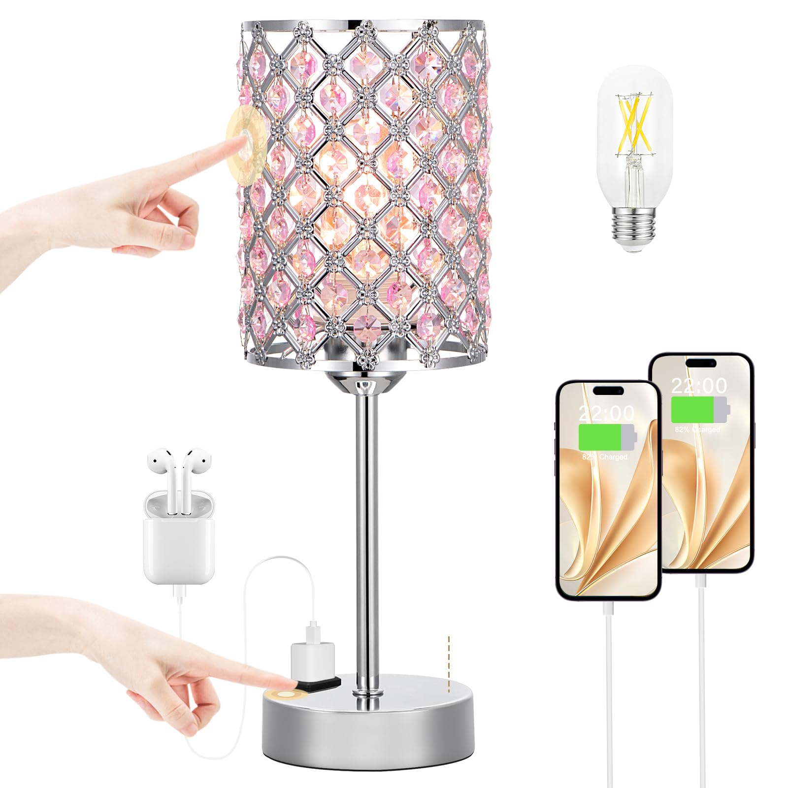 Hong-in Pink Lamps for Night Stands-Crystal Table Lamp with USB-C+A & AC Charging Ports, 3-Way Dimmable Nightstand Touch Lamp, B