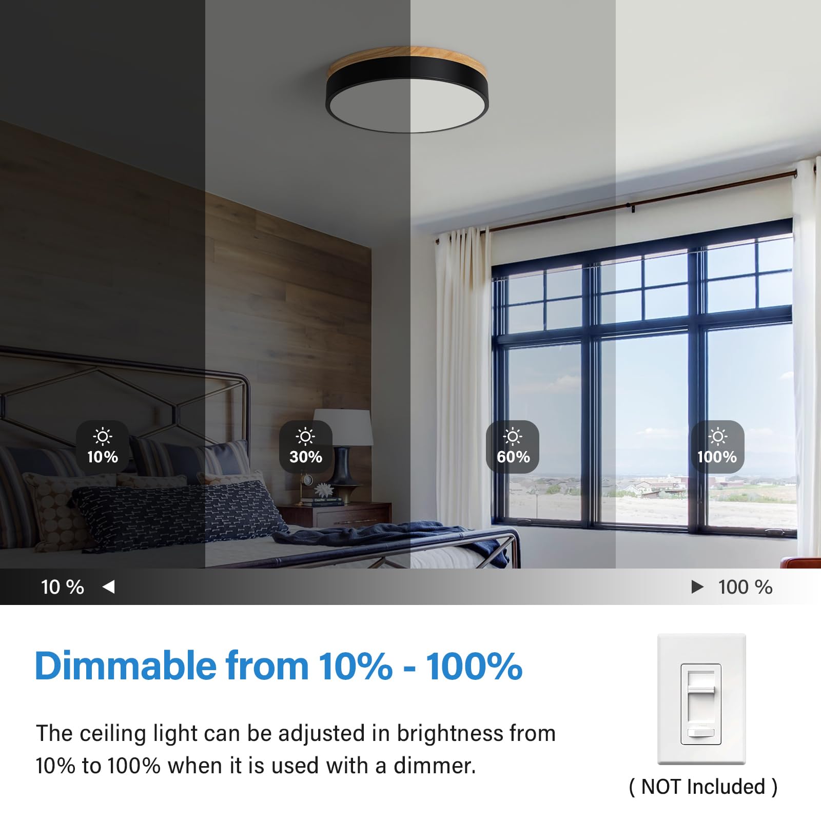 TEMINBU Dimmable Wood LED Ceiling Light, 11.81in, Black, Metal, Model TM24052801, 5CCT 2700K-6000K, Modern
