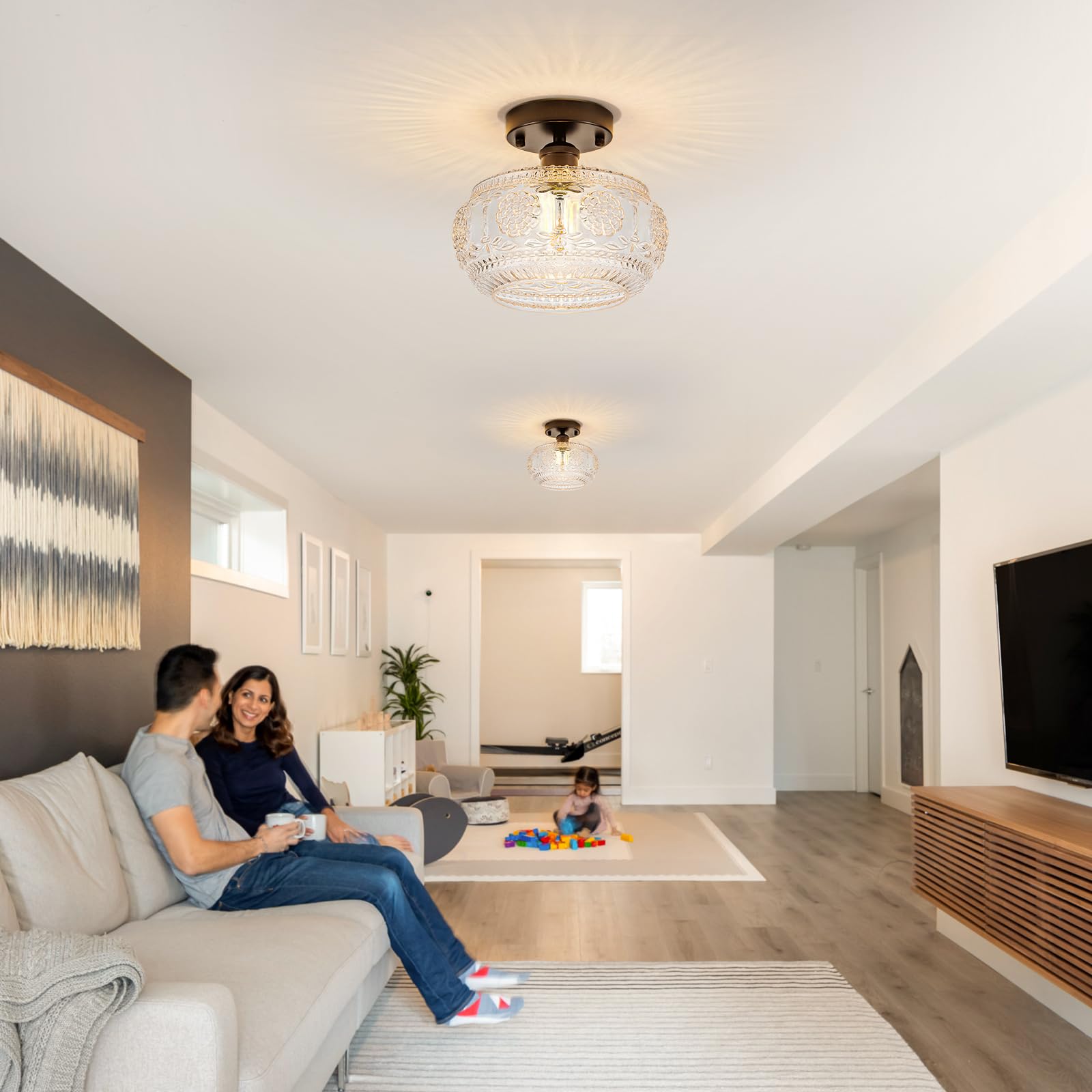 Tbaoinla Semi Flush Mount Ceiling Light Fixture - Black Metal Base & Floral Glass Shade  Modern Vintage Lighting For Entryway  Bathroom  Kitchen  Bedroom (Bulb Not Included)