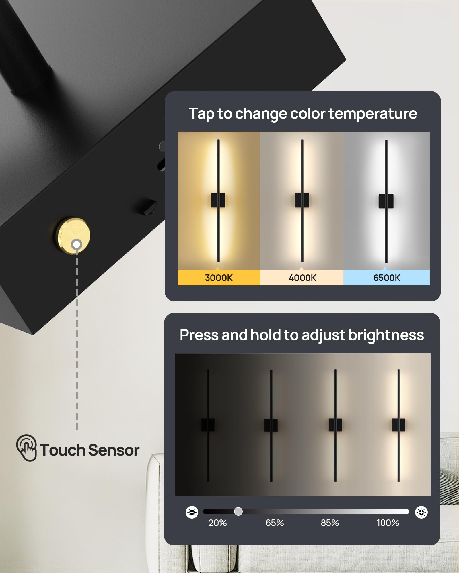 Likelgn 35'' Dimmable Linear Led Wall Sconce, Set Of 2, Battery Operated, Remote Control, 360 Rotating, Wireless Rechargeable Mo
