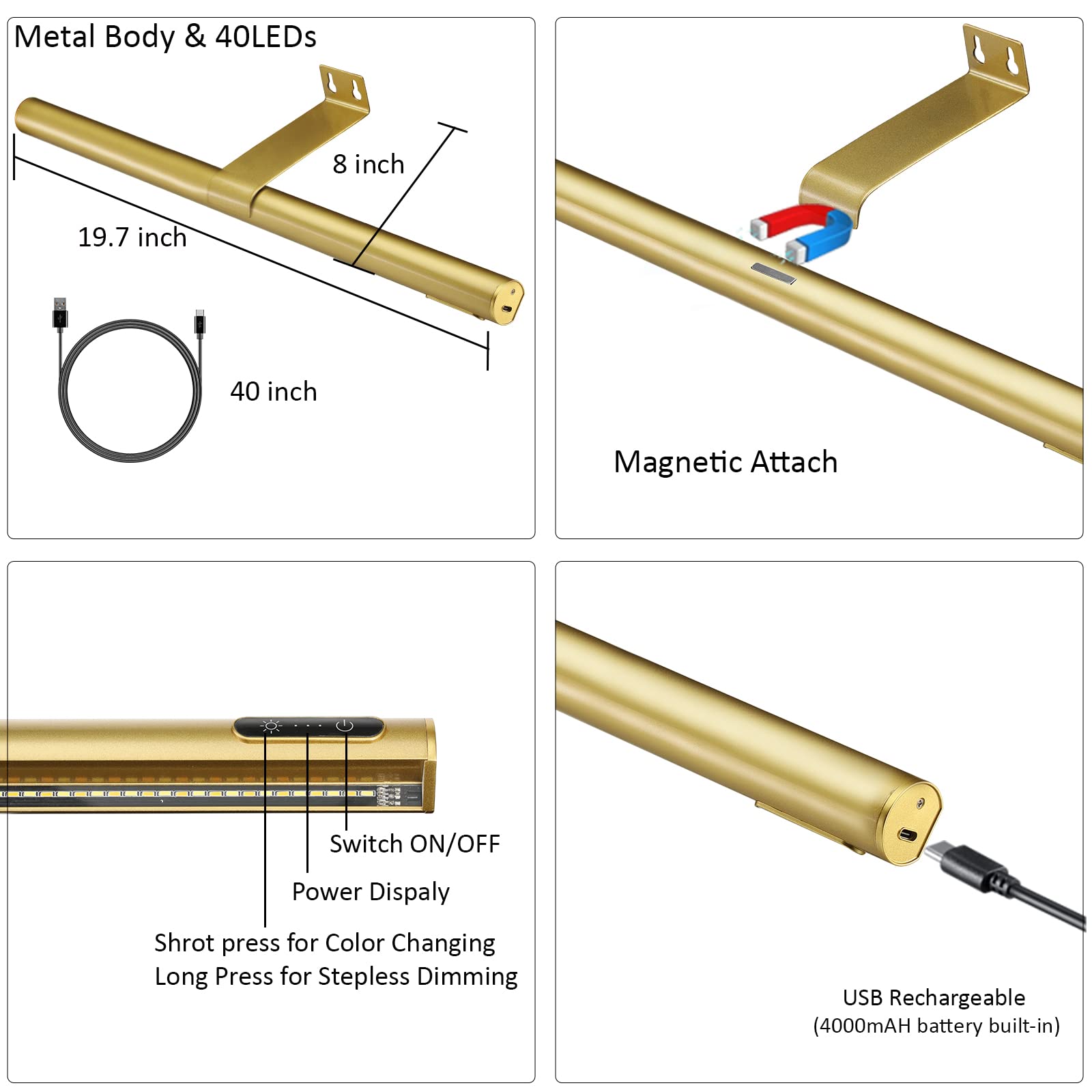 VIGMOJ Wireless Picture Light - 19.7" Battery Operated Metal Lamp, Dimmable with Remote Control, Gold Finish, Model 50gold
