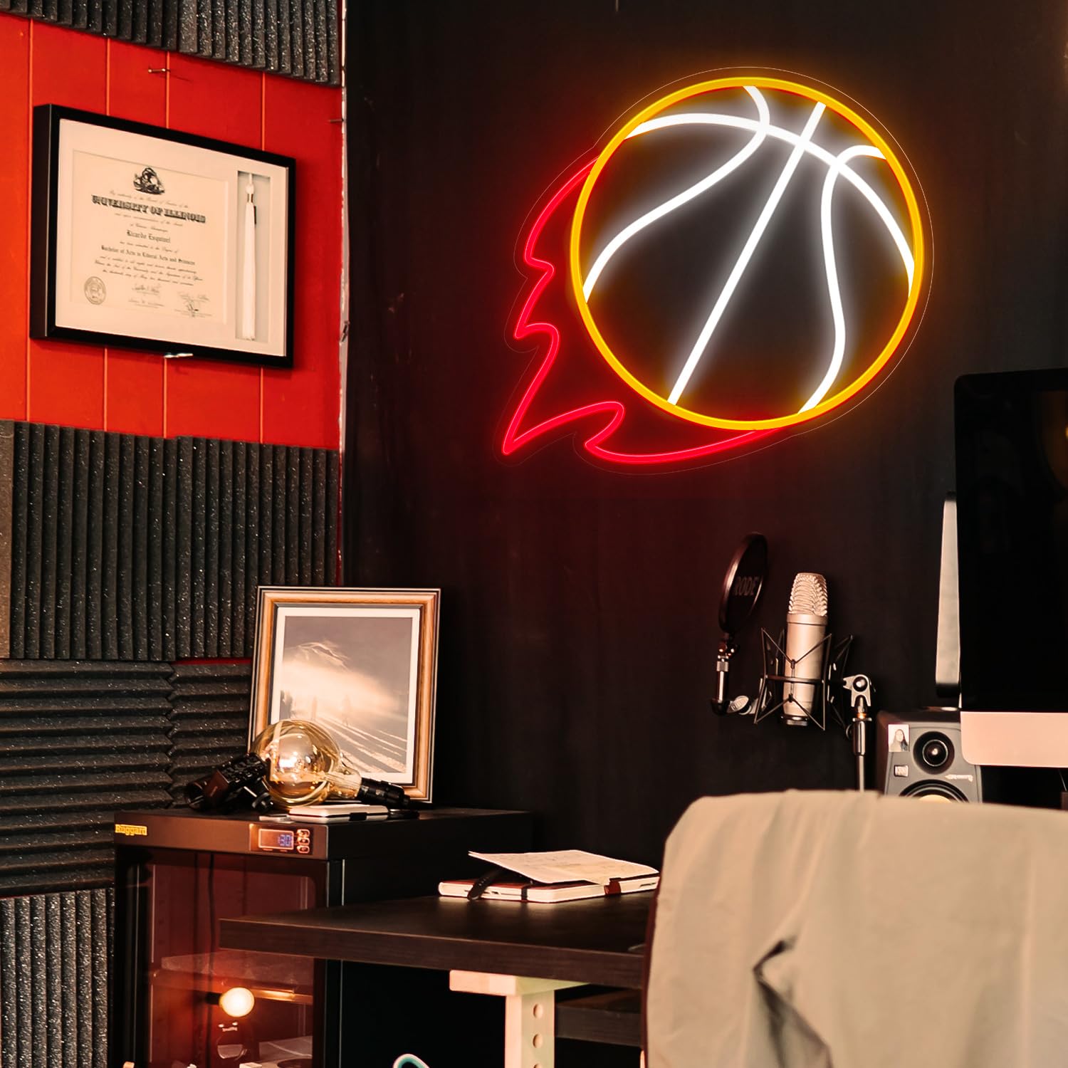 HAJAE Basketball Neon Sign, Dimmable LED Light, 12.6x11.6 Inch, Orange/White, Model HAJAE01, Wall Decor for Bedroom or Shop