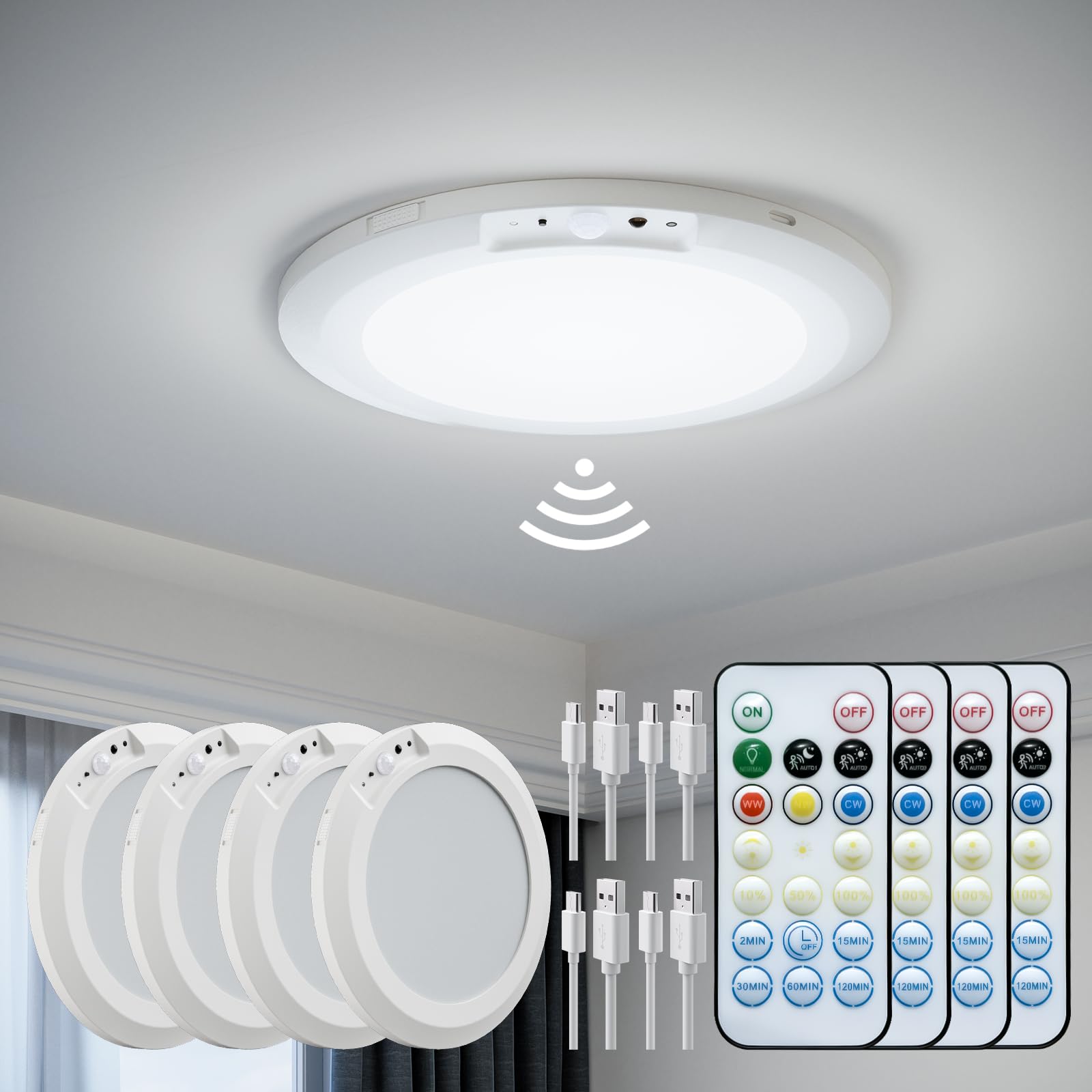 JACKYLED Motion Sensor Ceiling Light, Rechargeable, 10000mAh, Remote Control, Round 4 Pack, White, Model JKCL04