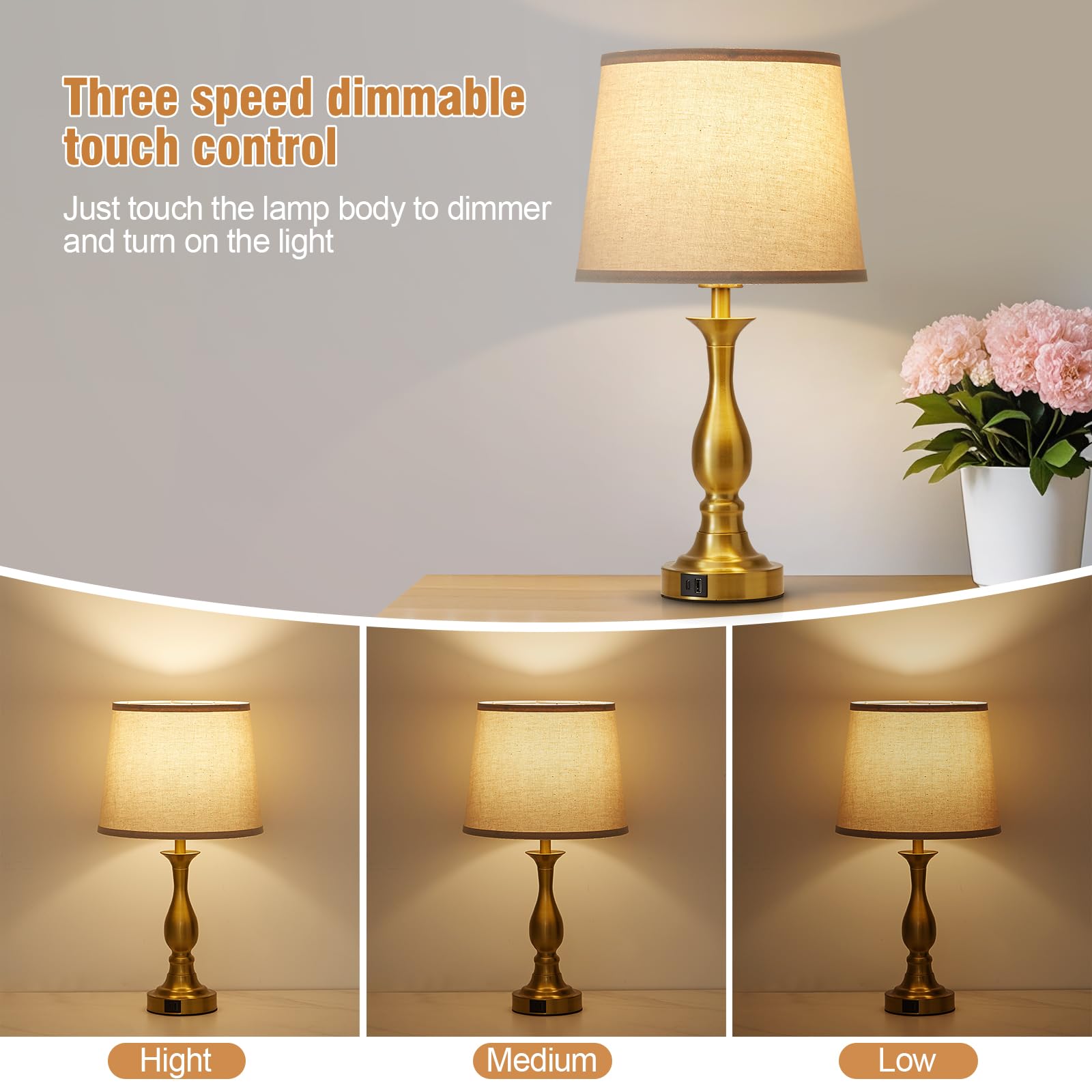 Lauag Bedside Table Lamp Set of 2 - Touch Control, 3-Way Dimmable, USB-C & USB-A, Gold, Standard Size, Metal