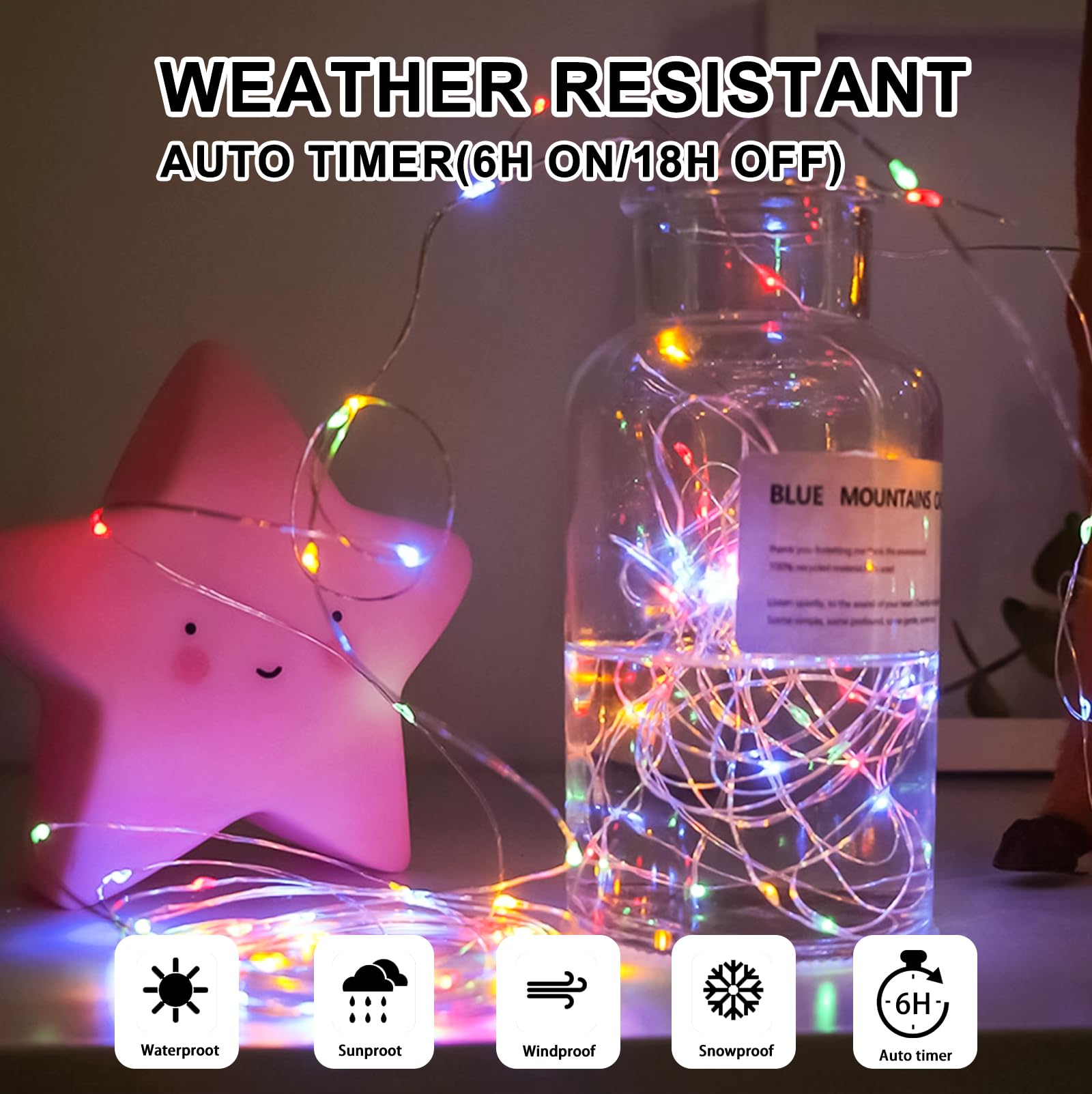 Sinamer Multicolor Fairy Lights Battery Operated (Included), 8 Modes & Auto Timer, 2 Packs 5M 50Led Mini Twinkle Silver Wire Firefly Starry Lights, Waterproof Battery Operated Lights For Bottle