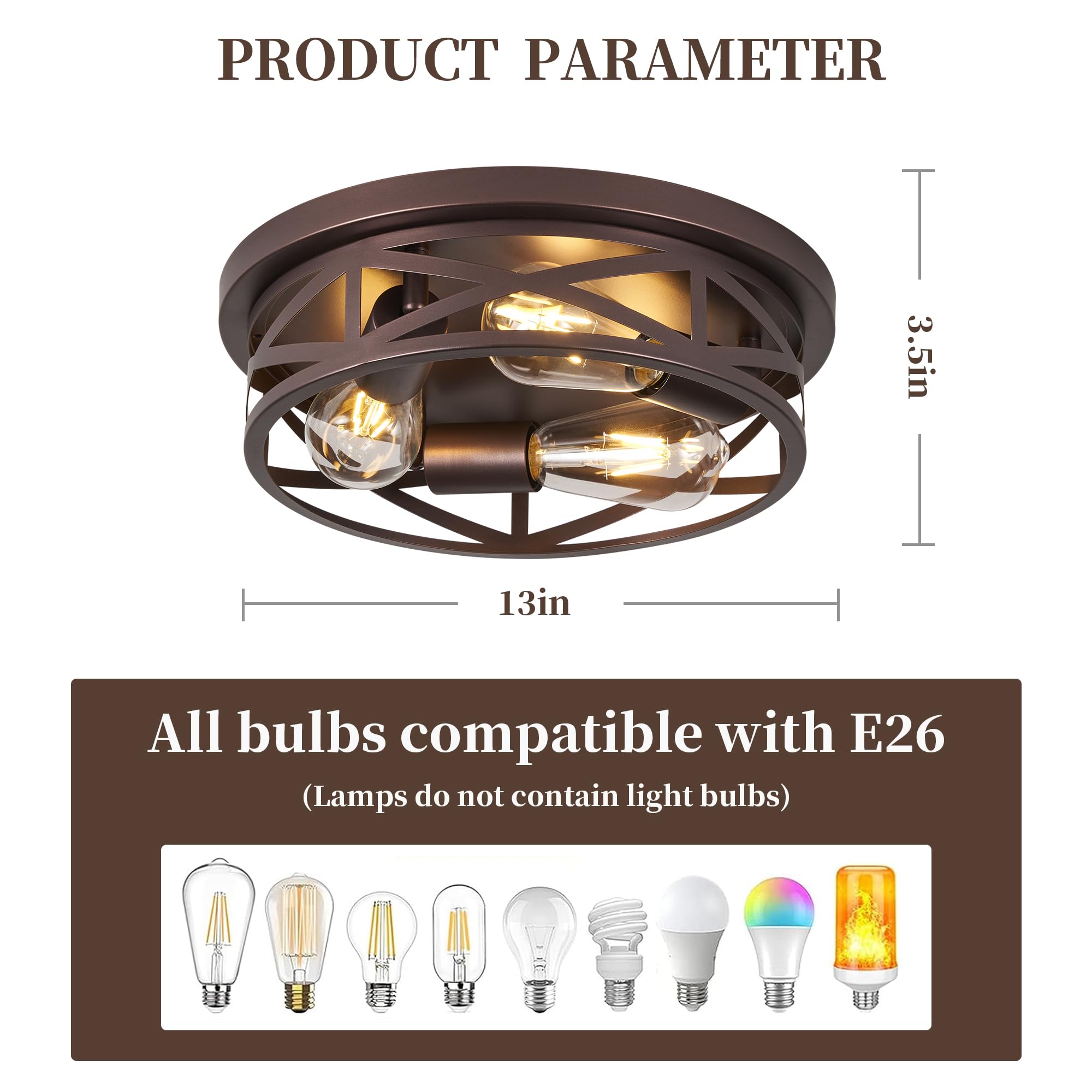 piano7797 3-Light Flush Mount Ceiling Light, Brown Metal Fixtures, 2 Pack, Model PACL003