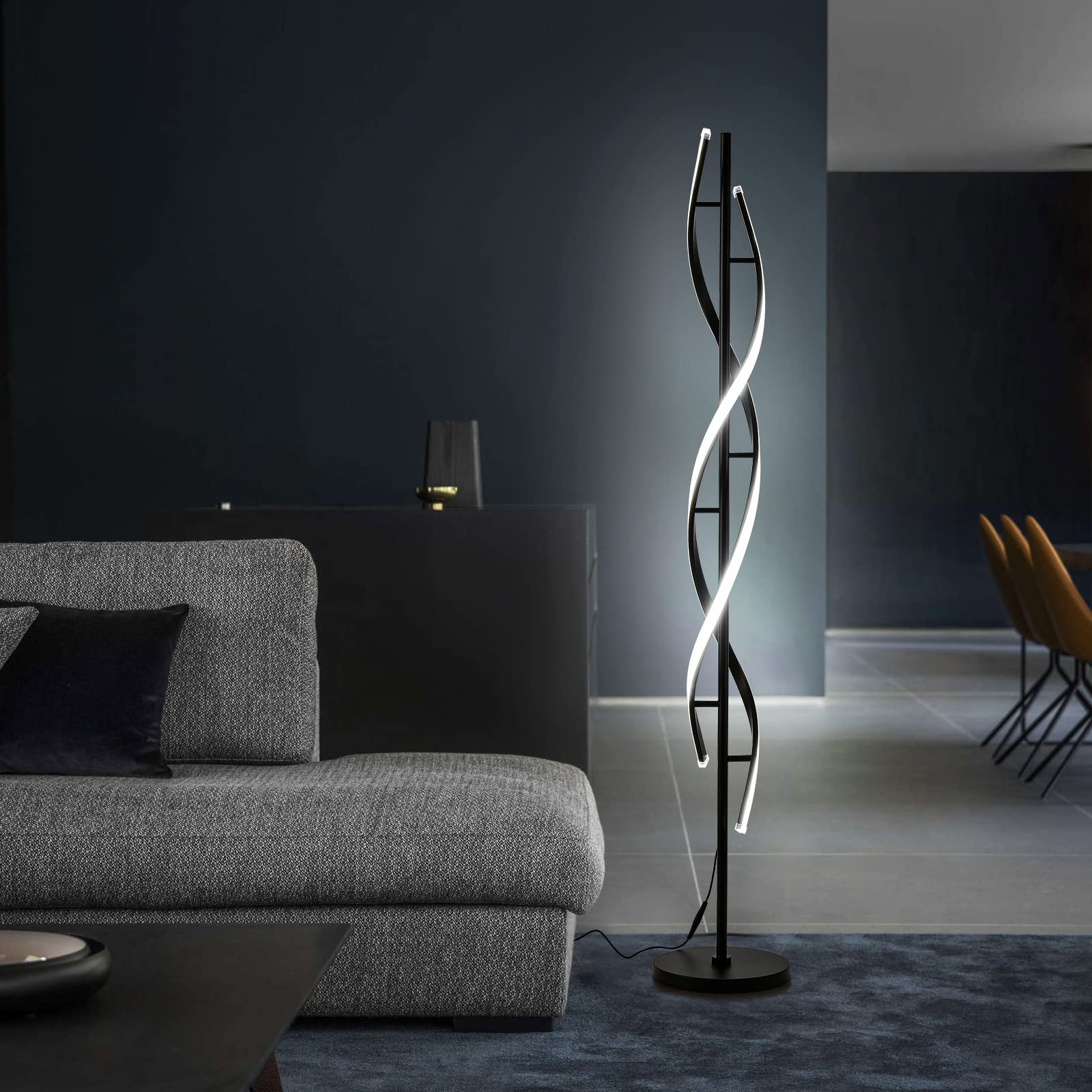 JTfany Modern Spiral LED Floor Lamp with Remote Control - 60'' Dimmable Black Standing Lamp, 3 Color Temperatures for Bedroom & 