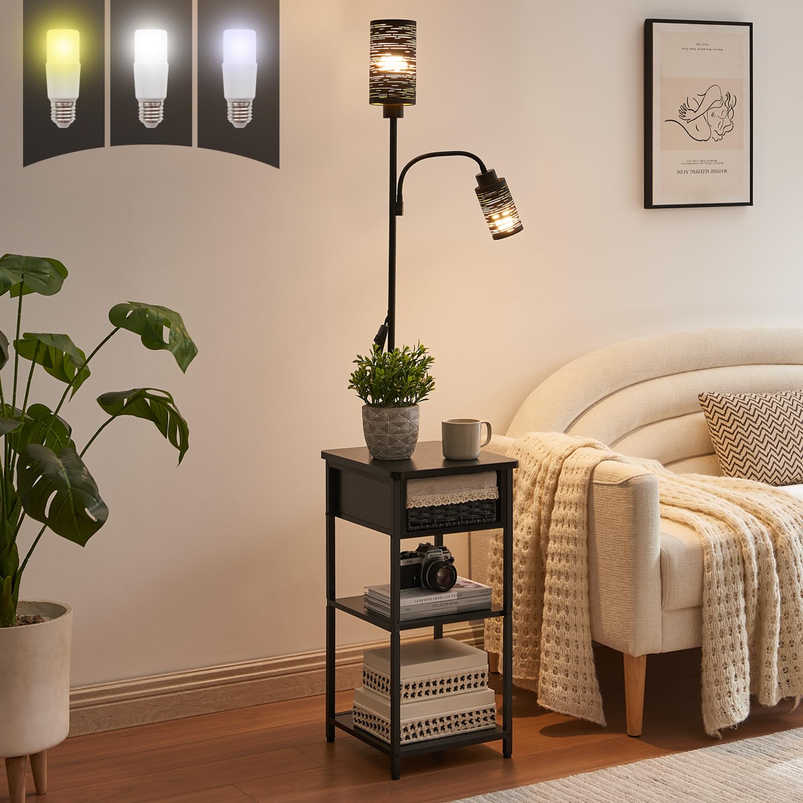 BAMGROW Floor Lamp with End Table, Side Table with Lamp Attached, Bedside Nightstand Light for Small Spaces with Wicker Drawer a