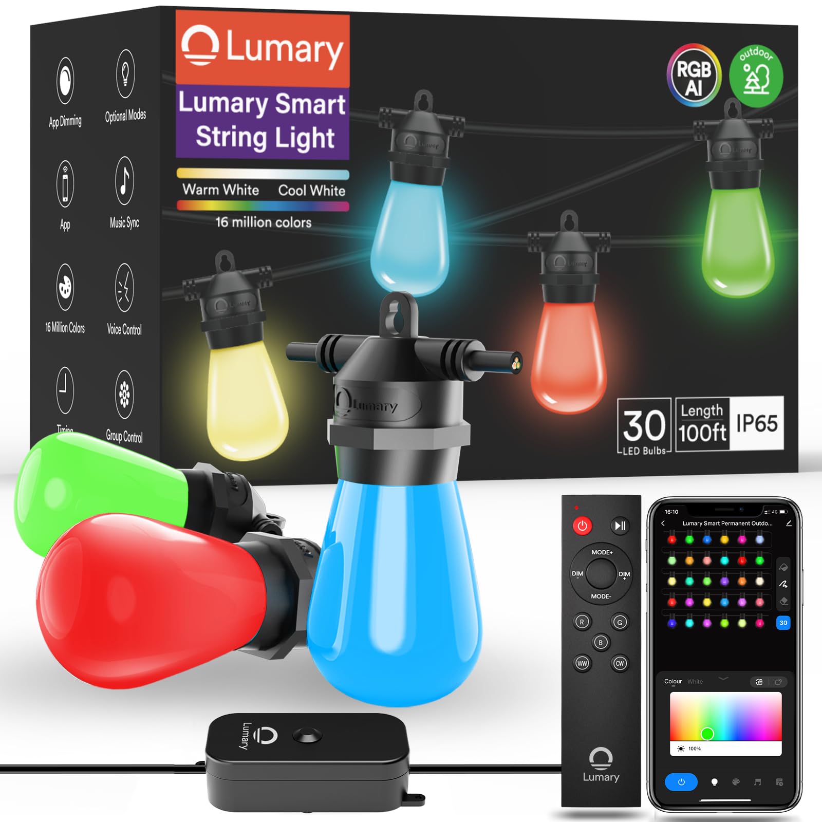 Lumary 100FT Smart Outdoor String Lights, RGBAi Color Changing, Remote Control, IP65 Waterproof, Model US-SL100B-1