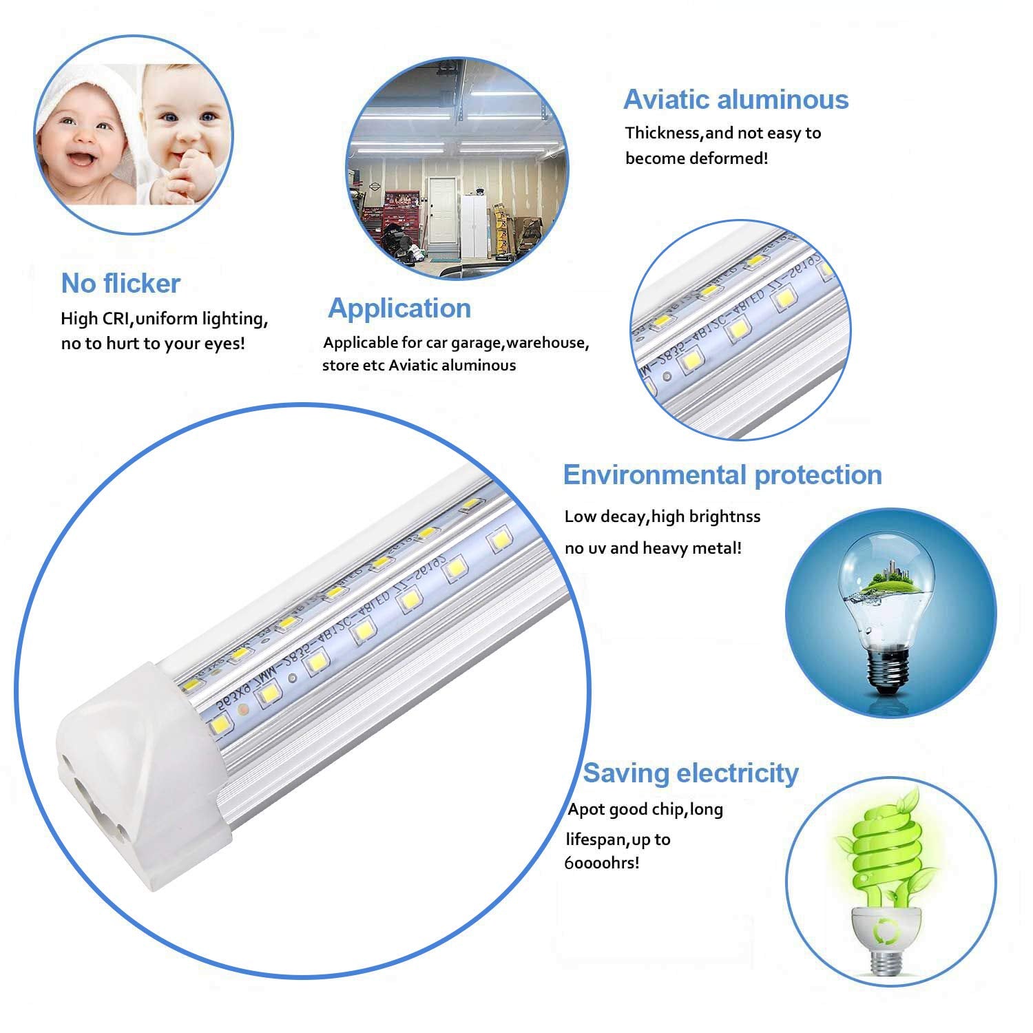 Henwsi 8FT LED Shop Light Fixture, 10 Pack, 72W 9500LM, 6500K Clear Cover, V Shape Lighting for Garage & Warehouse