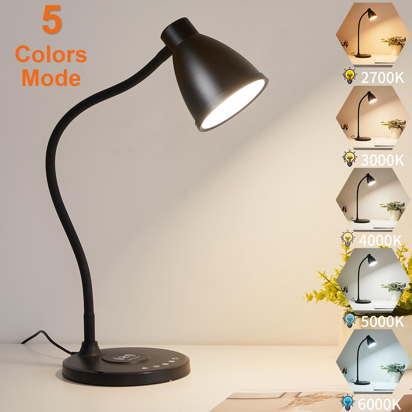 BOHON LED Desk Lamp with USB C+A Ports, Wireless Charger, Touch Control, Black