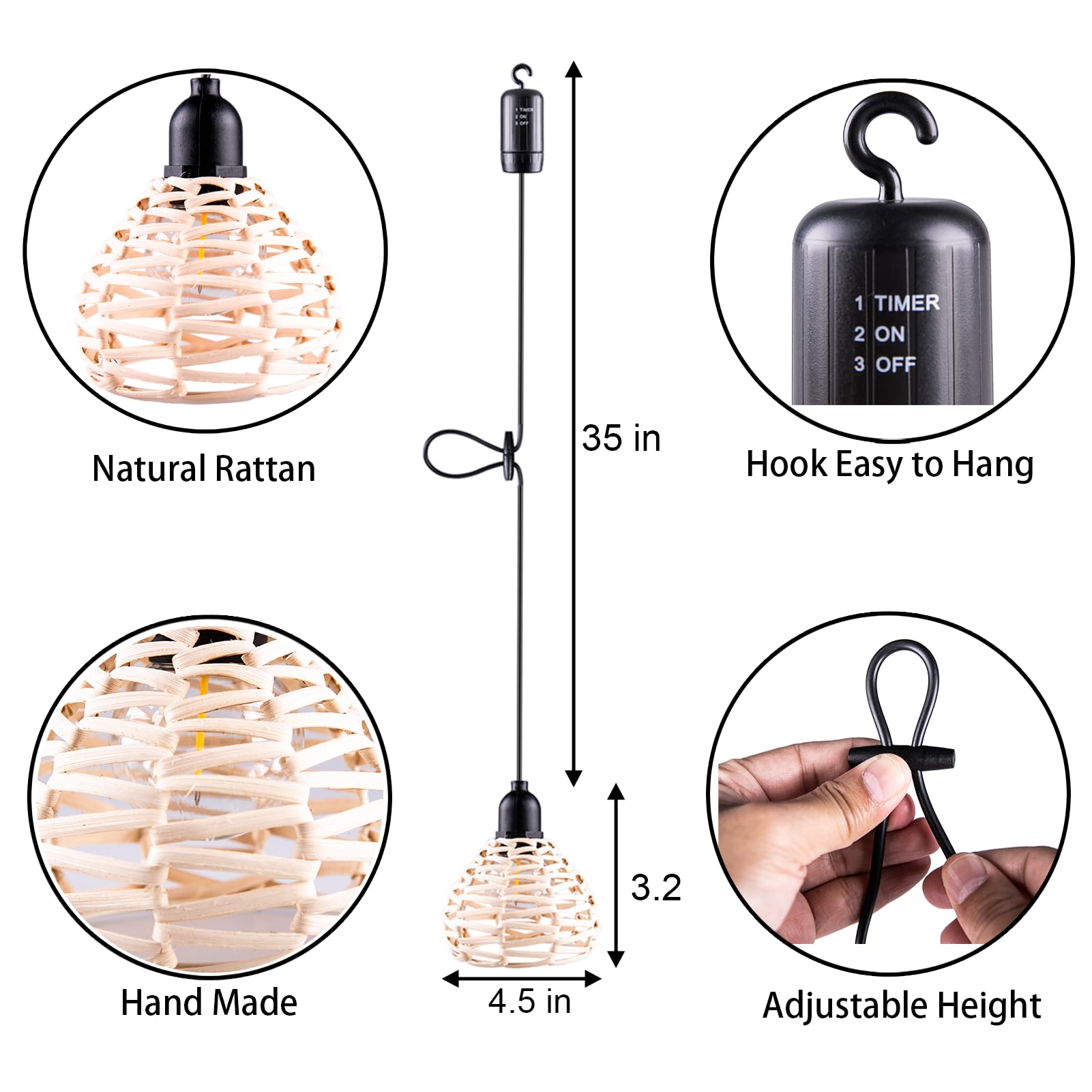 ALL FORTUNE Outdoor Battery Operated Chandelier - Warm White Rattan Pendant Light, Dimmable Timer, Model AF 61674 for Patio & Garden Decor