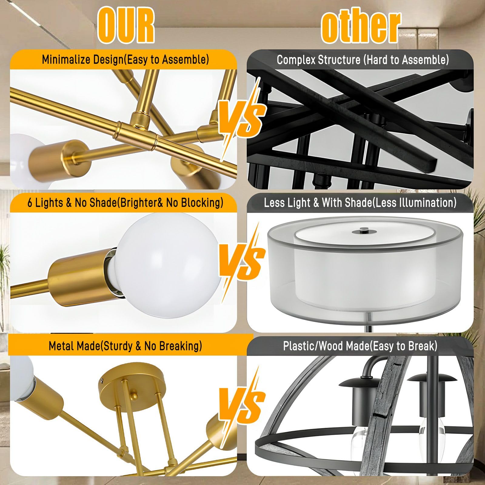 Spoli Modern Sputnik Chandelier, 6-Light Ceiling Light Fixture, Gold Industrial Pendant Light Semi Flush Mount For Living Room D
