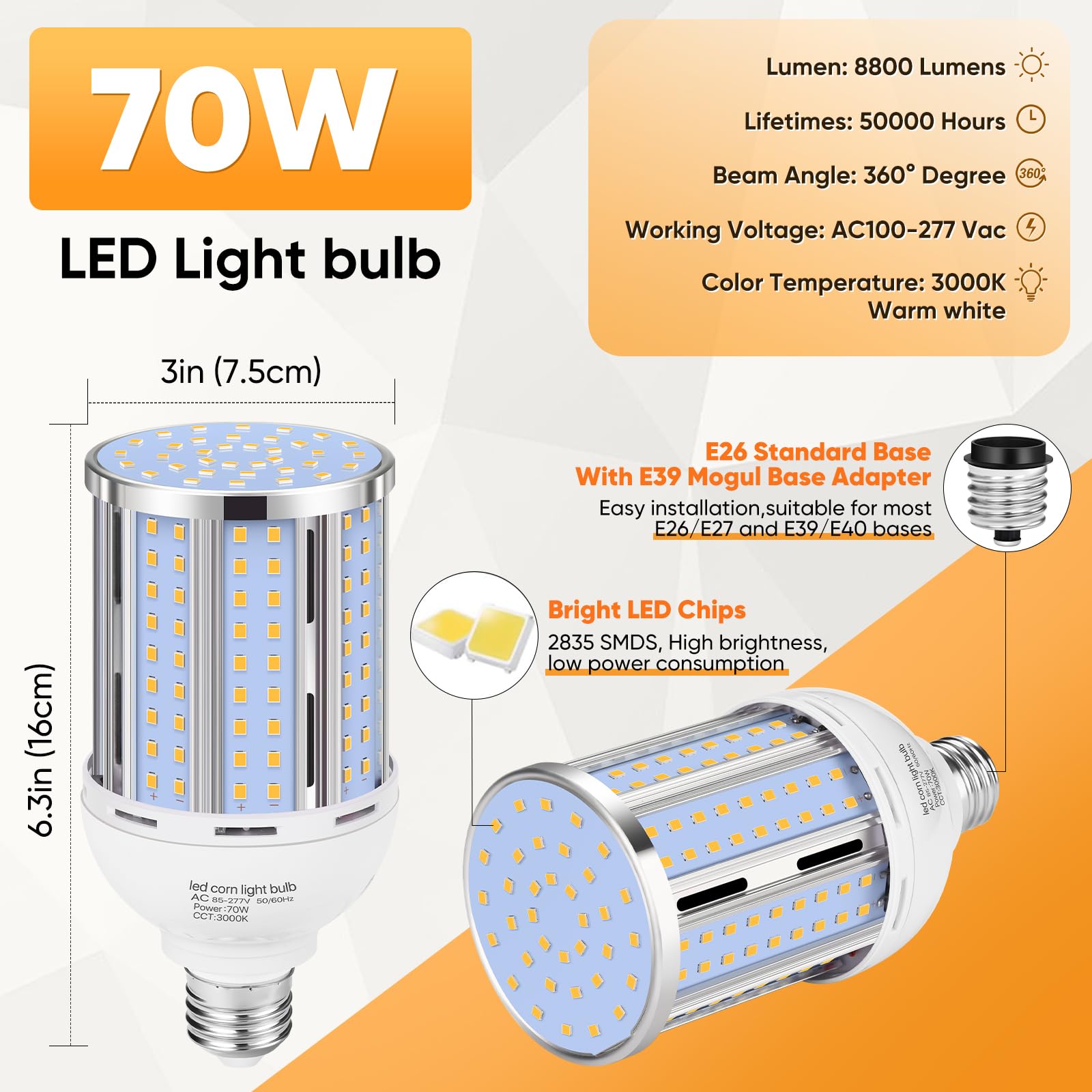 XYCN 70W LED Corn Light Bulb - 2 Pack, 700W Equivalent, E26/E39, 3000K Warm White, 8800LM, Aluminum for Indoor/