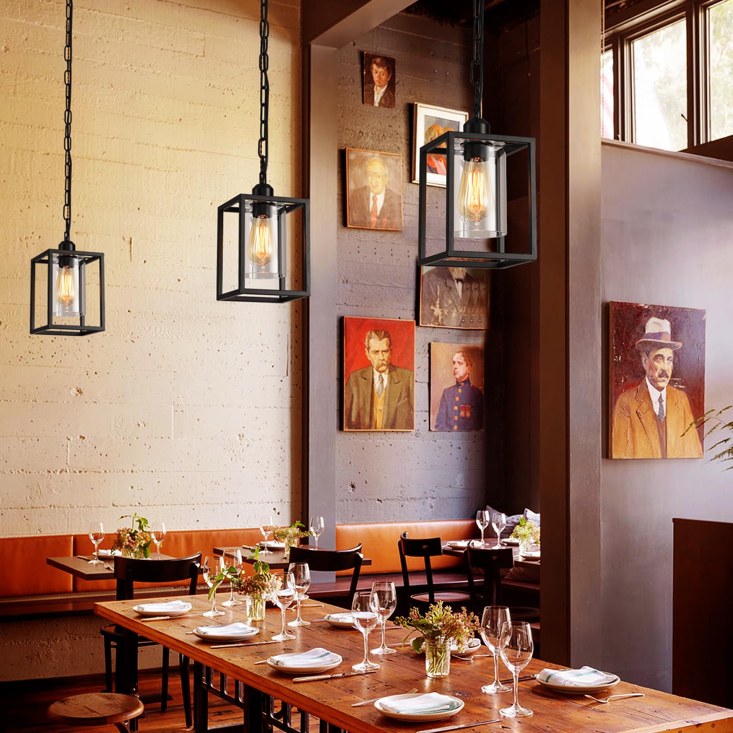 3 Pack Farmhouse Pendant Light Black Metal Frame Hanging Light Fixture With Clear Glass Shade  Adjustable Chains Industrial Mini Pendant Lighting For Kitchen Island Entryway Porch Foyer