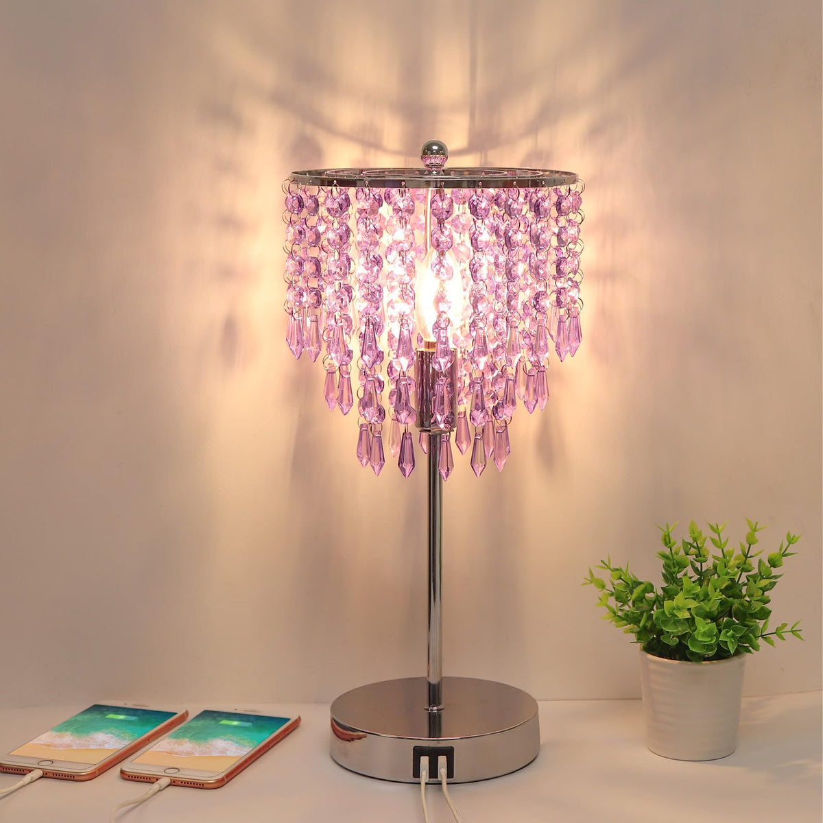 Usb Bedside Crystal Lamp, 3 Way Dimmable Touch Nightstand Lamp With Dual Usb Charging Ports, Lavender Table Lamp Decorative Accent Lamp Silver For Bedroom, Living Room, Office, B11 Led Bulb Included