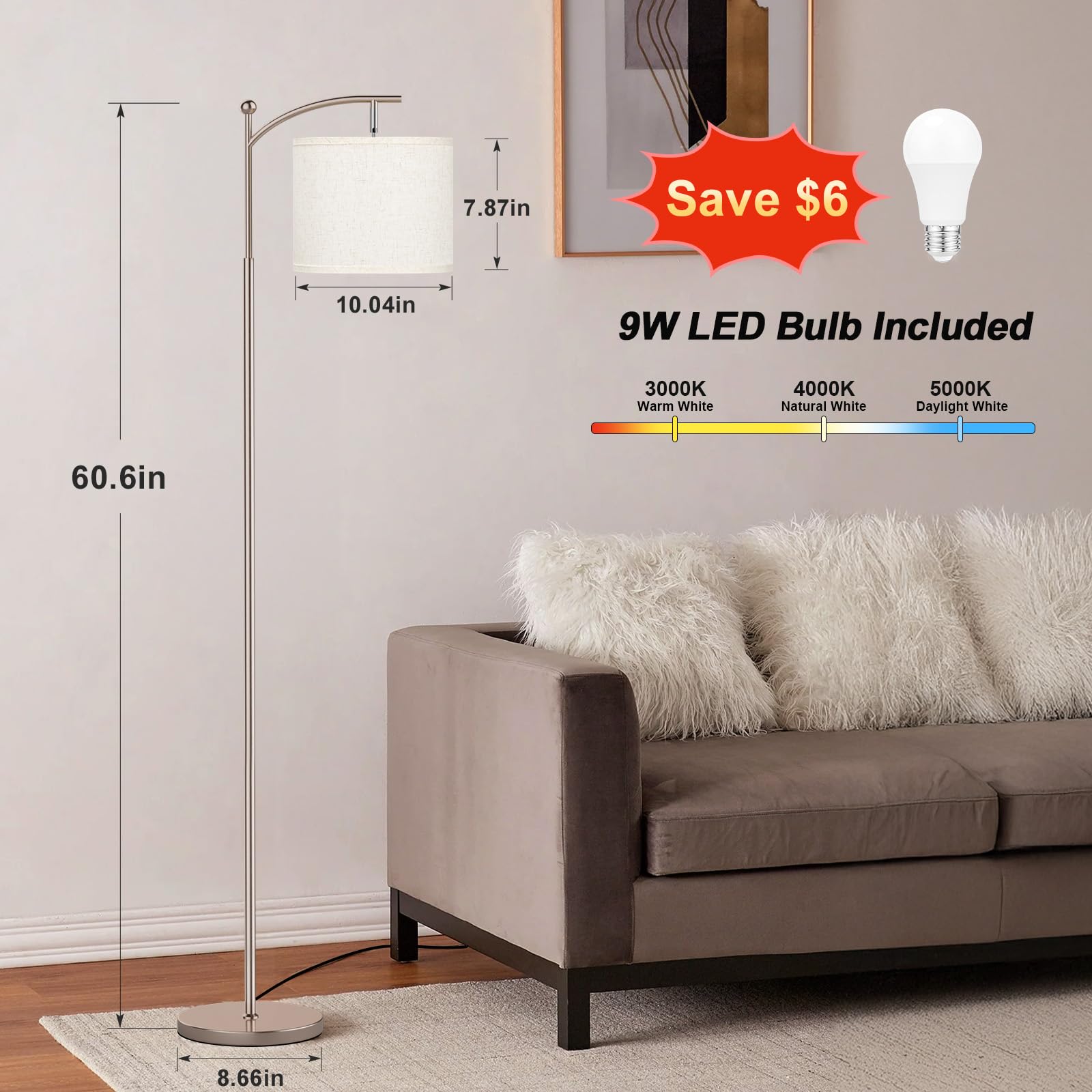 Ambimall 60in Floor Lamp with Adjustable Beige Shade, Light Gold Pole, 9W Bulb Included