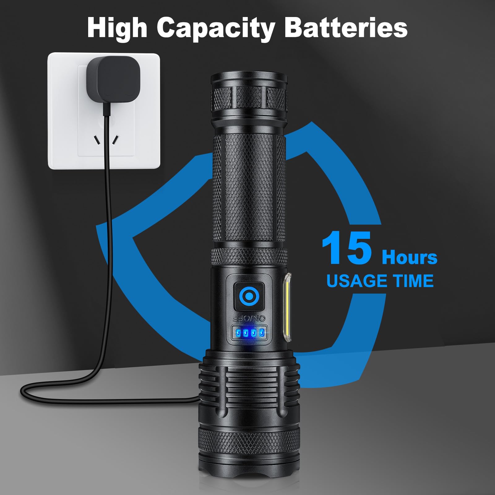 KINGCAESAR Rechargeable Flashlight 90,000 Lumens, 7 Light Modes, IPX7 Waterproof, Model P121, Black