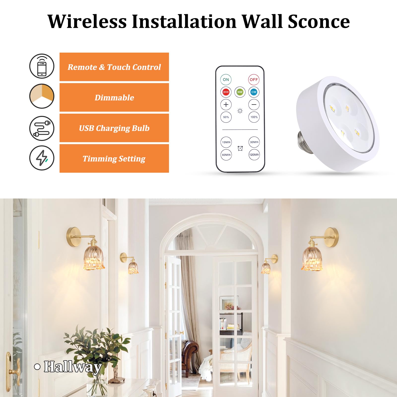 Shenmoyl Vintage Battery Operated Wall Sconces - 2 Pack LED Light, Wireless Remote Control, Dimmable, Amber Lily, Model 1-94965-sconc