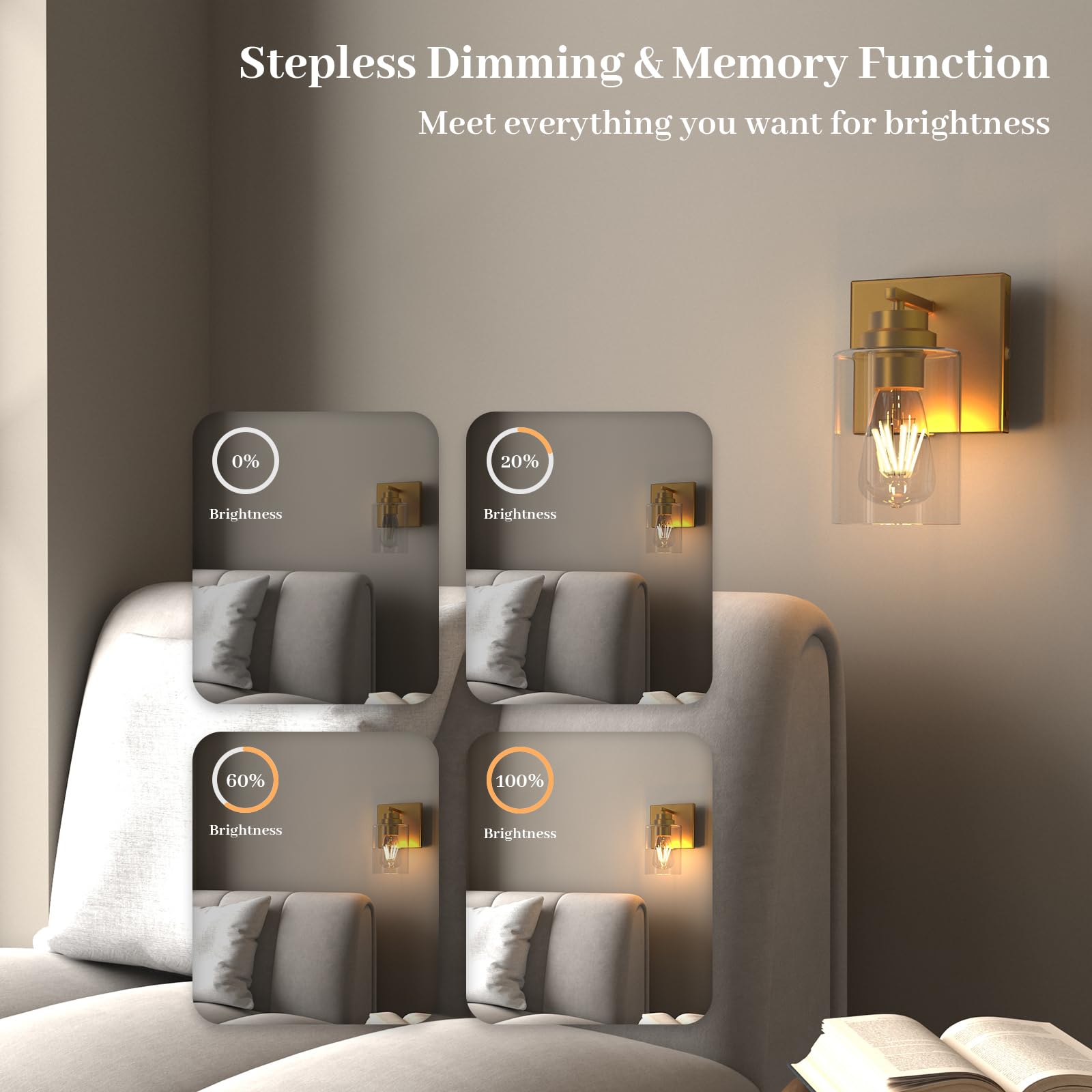 ThyFenno Battery Operated Wall Sconce Set of 2, Dimmable, Remote Control, Brass, Metal, Model TF-1T T2L